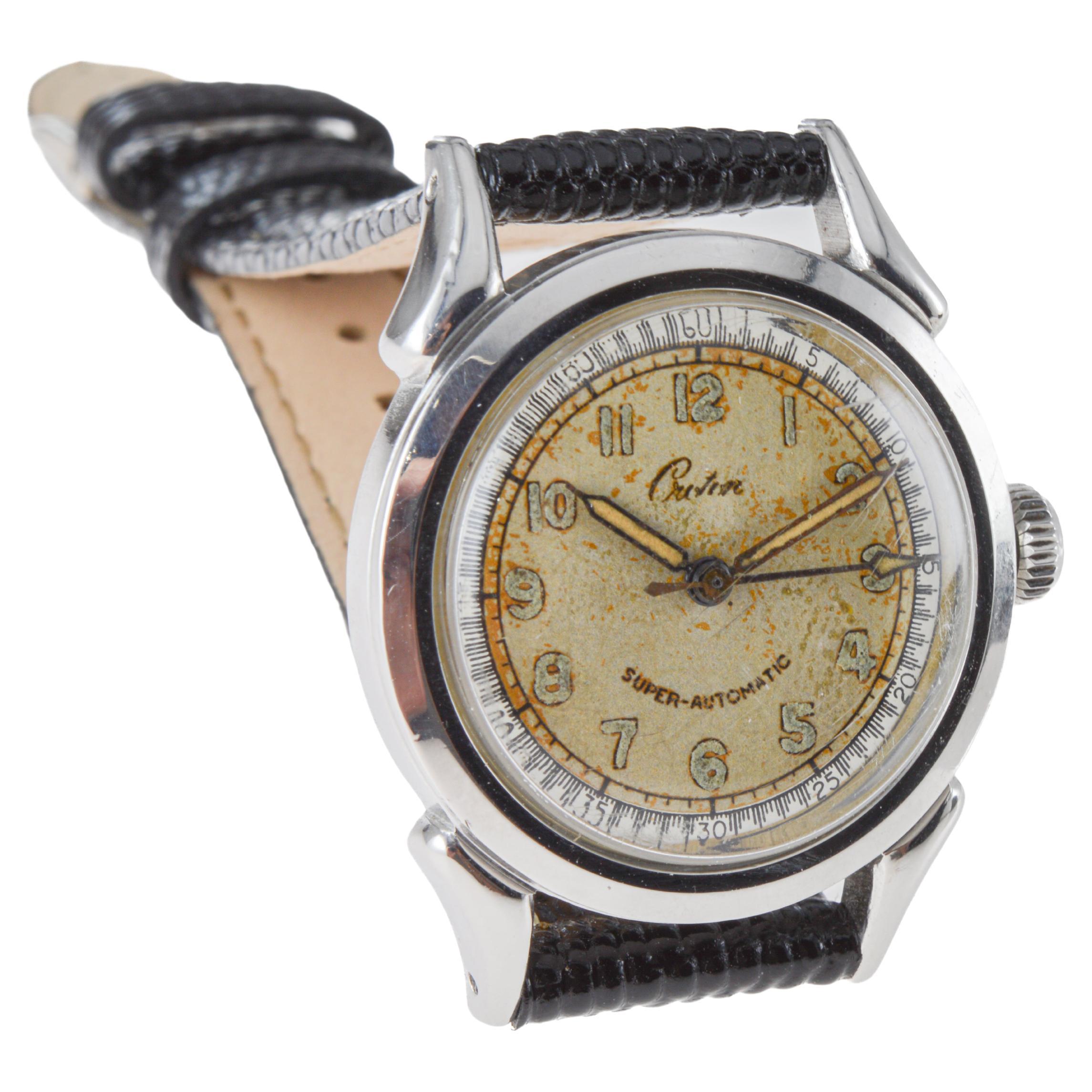 Croton Steel Super-Automatic Art Deco Watch with Original Dial 1940's For Sale 1
