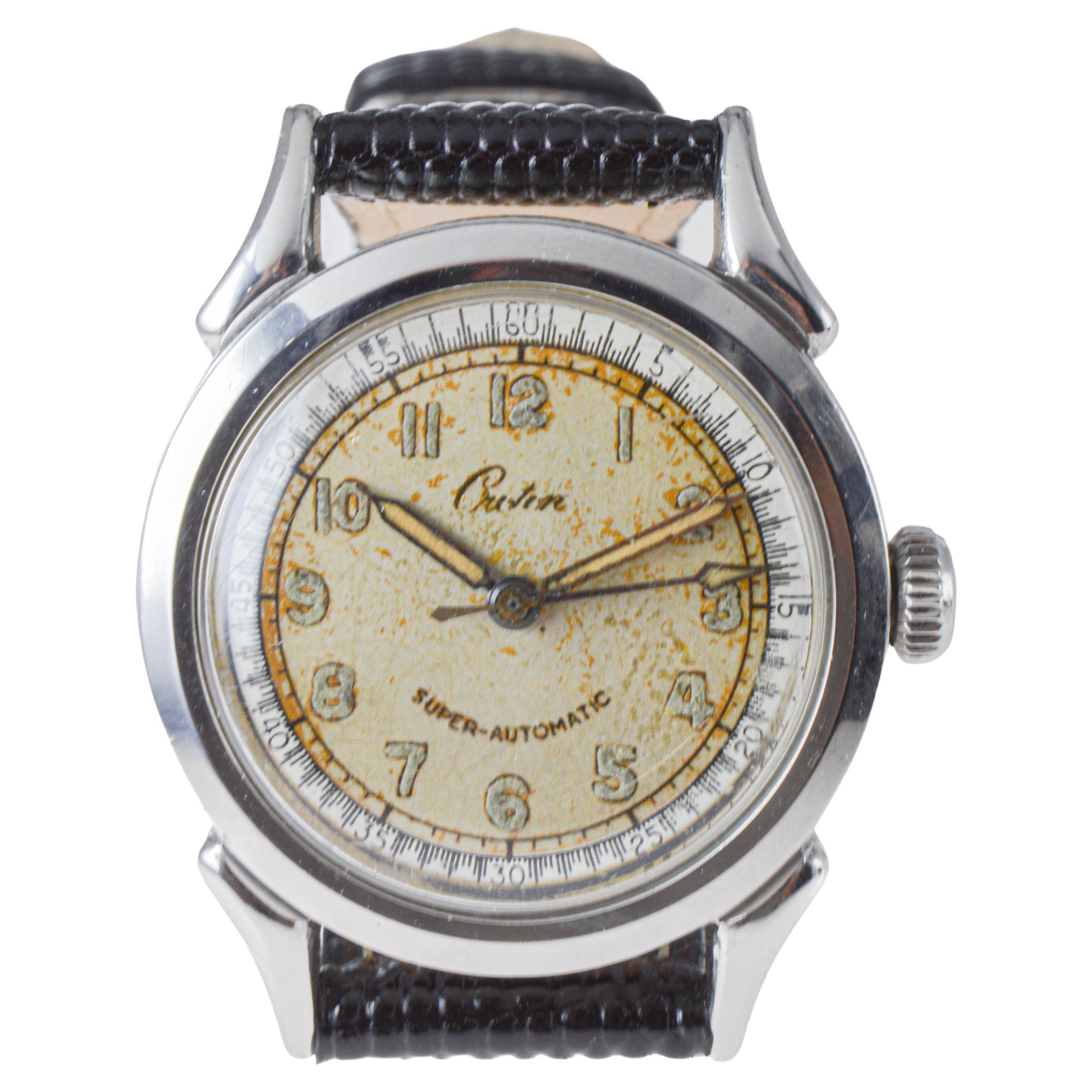 Croton Steel Super-Automatic Art Deco Watch with Original Dial 1940's For Sale 2