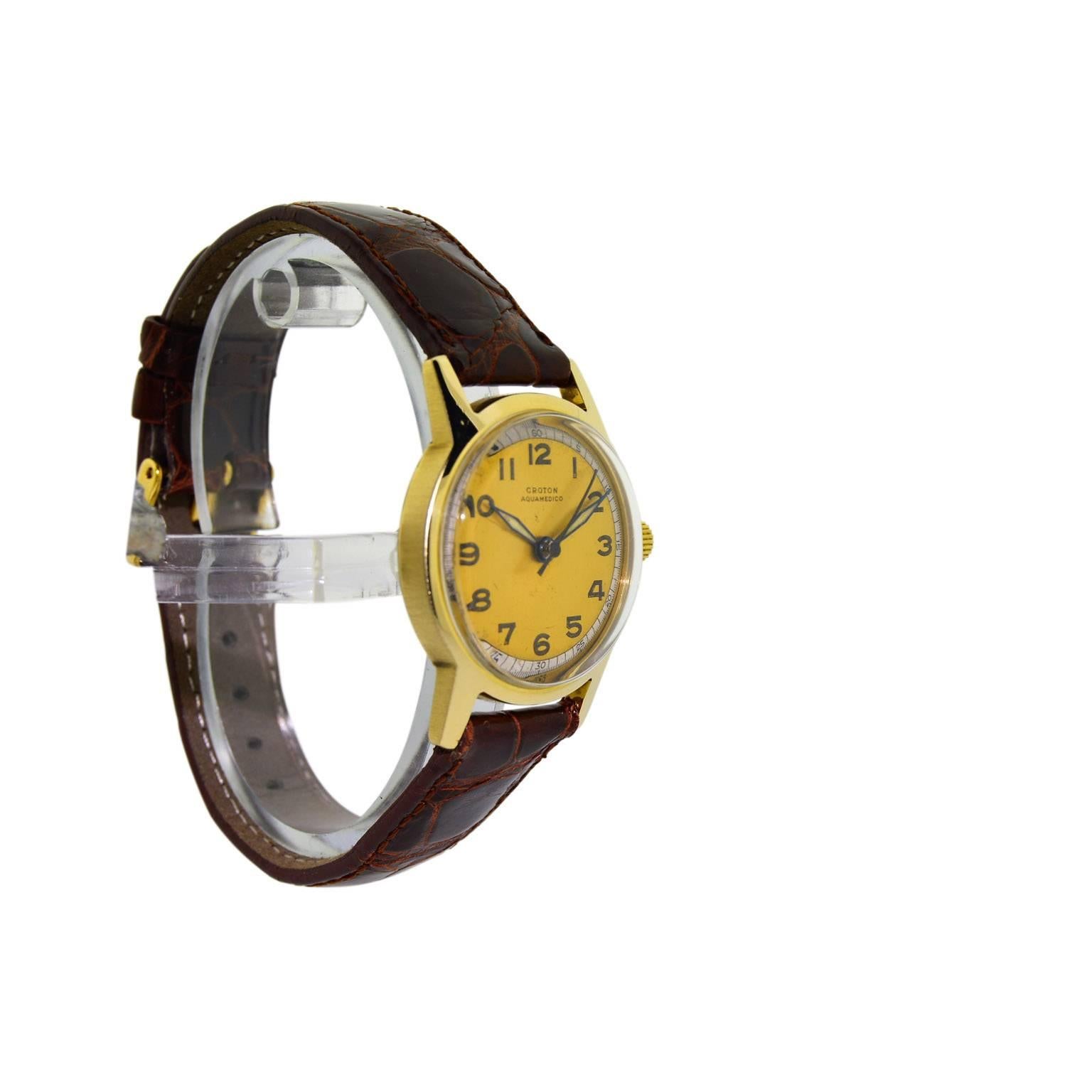 FACTORY / HOUSE: Croton Watch Company
STYLE / REFERENCE: Round / Screw Back / Aquamedico
METAL / MATERIAL: 14kt. Solid Yellow Gold
CIRCA: 1950's
DIMENSIONS: Length 37mm X Diameter 30mm
MOVEMENT / CALIBER: Manual Winding / 17 Jewels / Cal. A-3N
DIAL