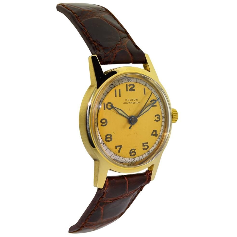 Croton Yellow Gold Aquamedico Original Dial Manual Wind Watch, 1950s For Sale