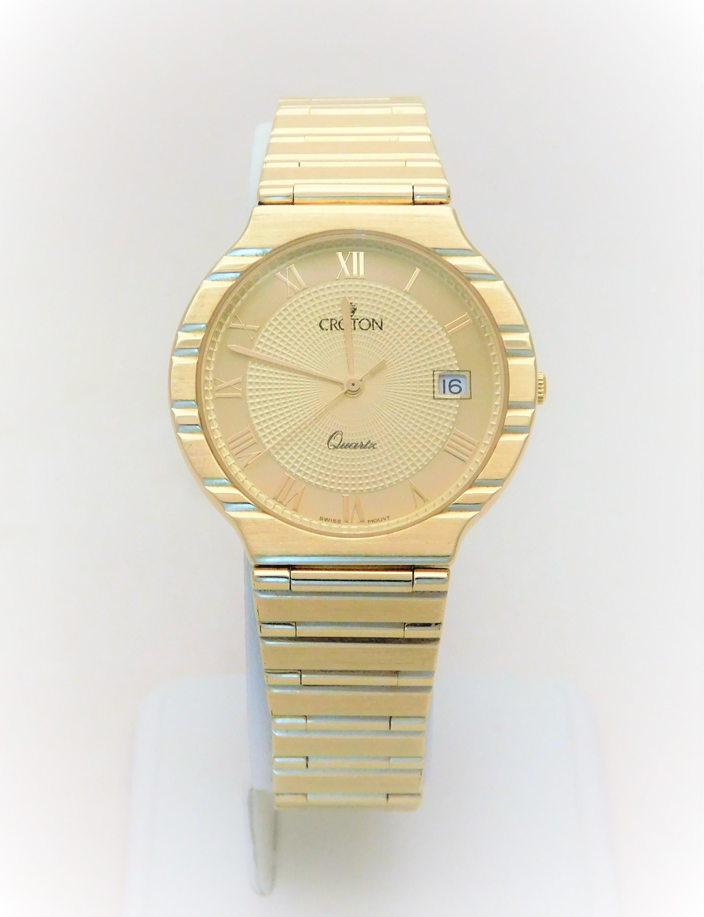 
Crafted in Italy, Circa mid Century, this amazing Croton timepiece has been masterfully forged in solid 14k yellow gold.  Its chic look features both a brushed and polished finish.  Although originally made for a man, with todays ladies’ fashion