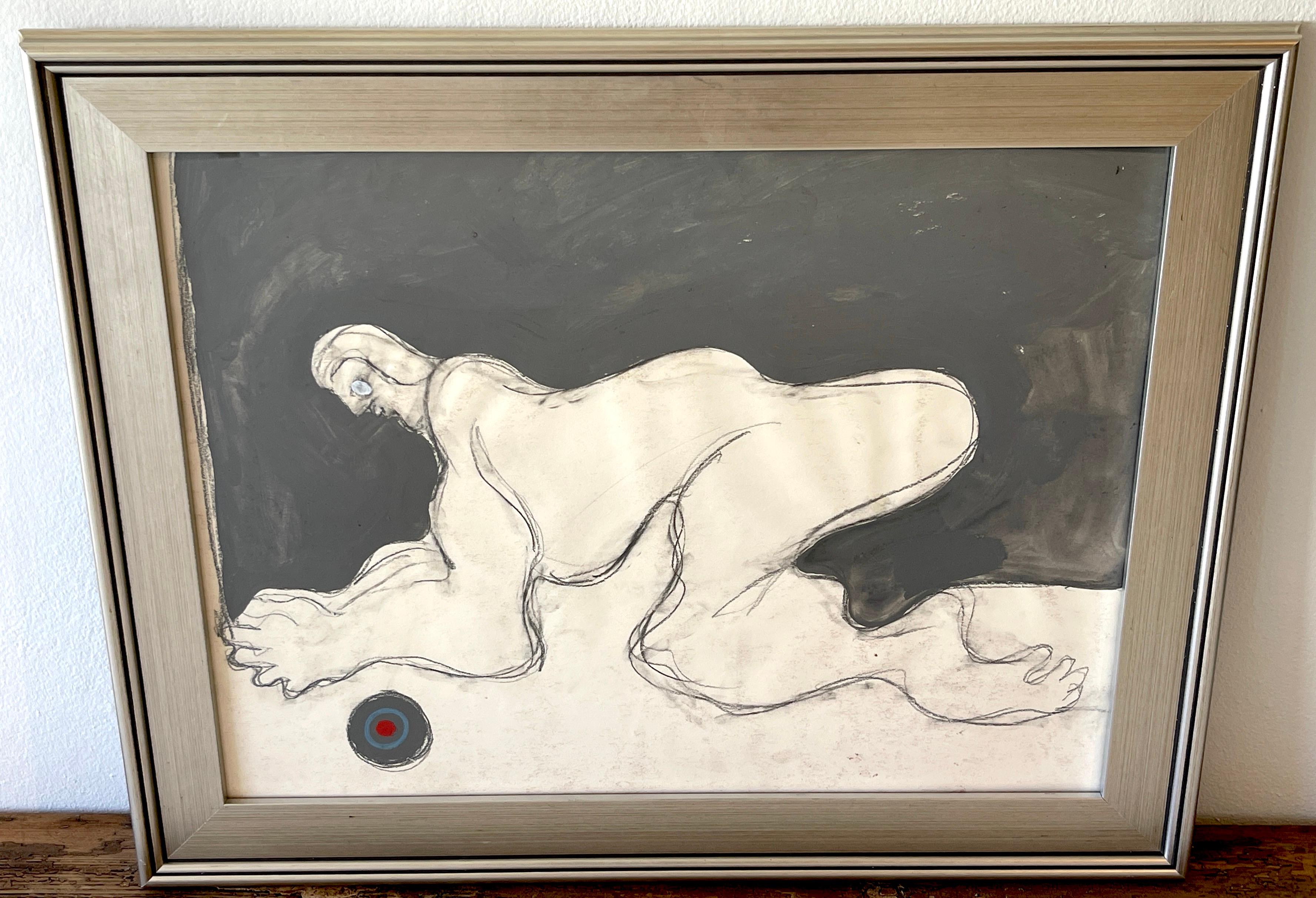 'Crouching Figure' oil/mixed media on paper, 1960s by Douglas D. Peden 
USA, 1933-2015, Listed Modern Painter, Mathematician & Scholar
Oil/mixed media on paper.
Signed in Pencil on Back 'Douglas Peden' 
This work measures 18-inch x 24-inch