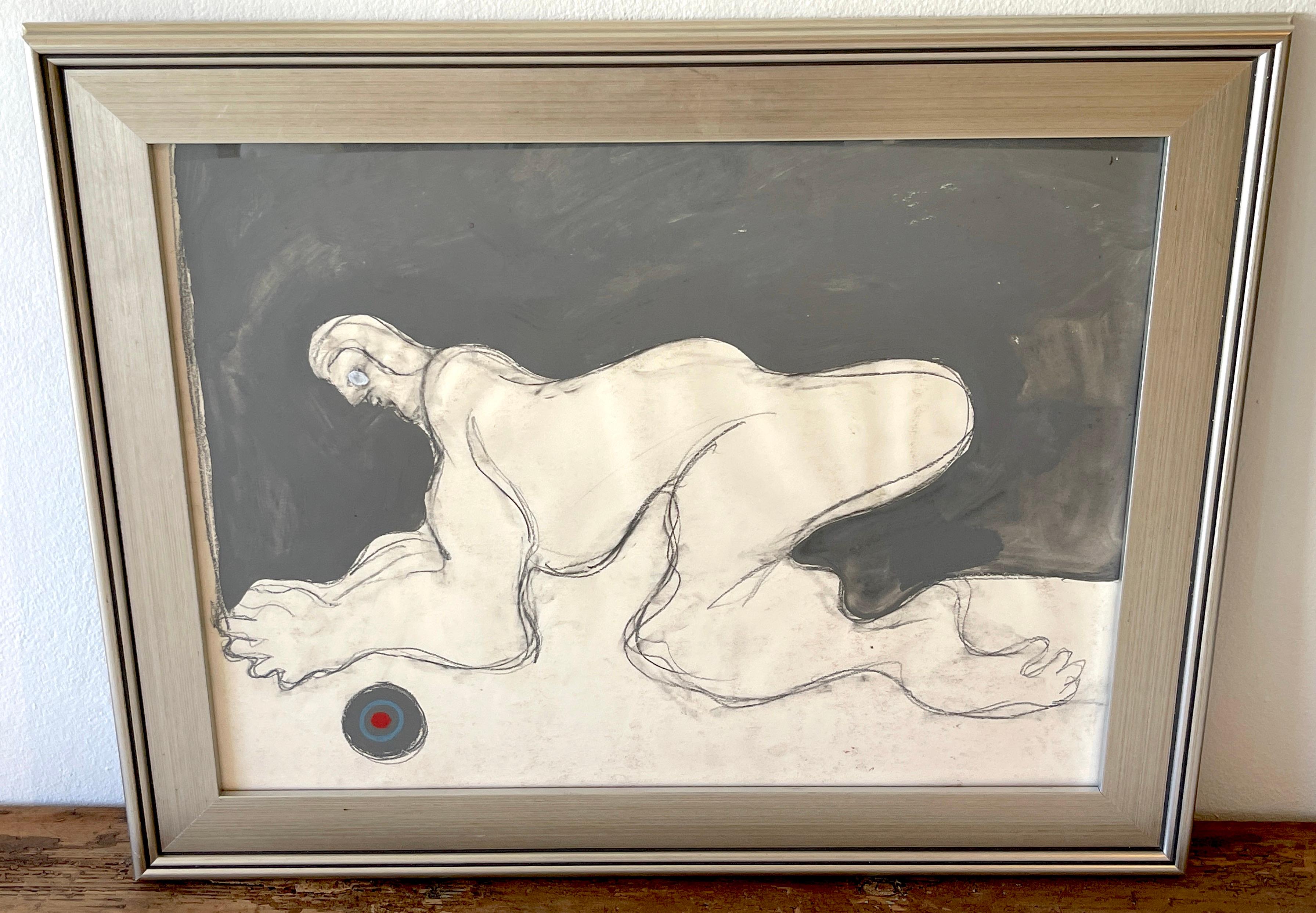 Glass 'Crouching Figure' Oil/Mixed Media on Paper, 1960s by Douglas D. Peden  For Sale