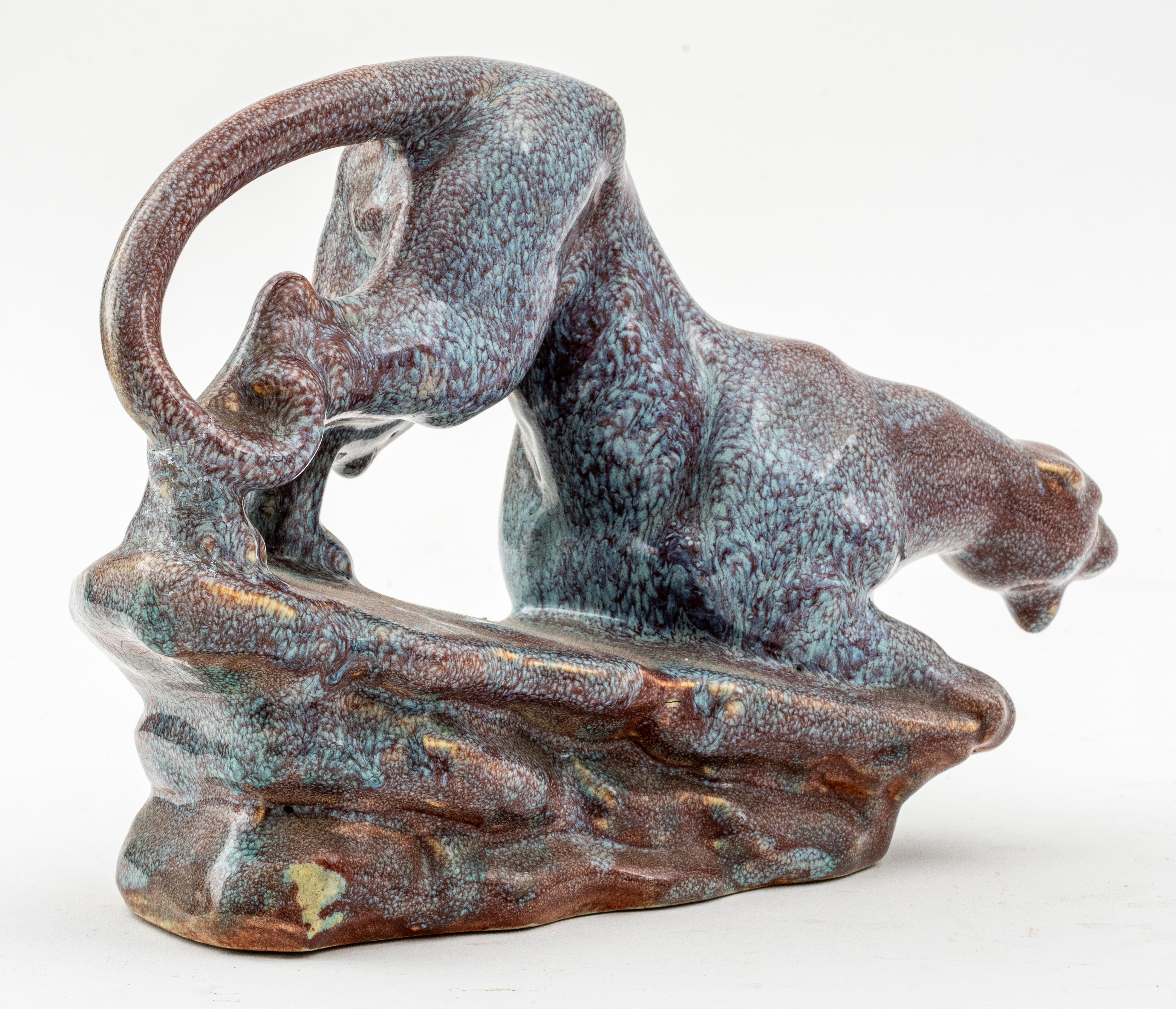 Crouching Panther Ceramic Pottery Sculpture, Unsigned In Good Condition For Sale In New York, NY