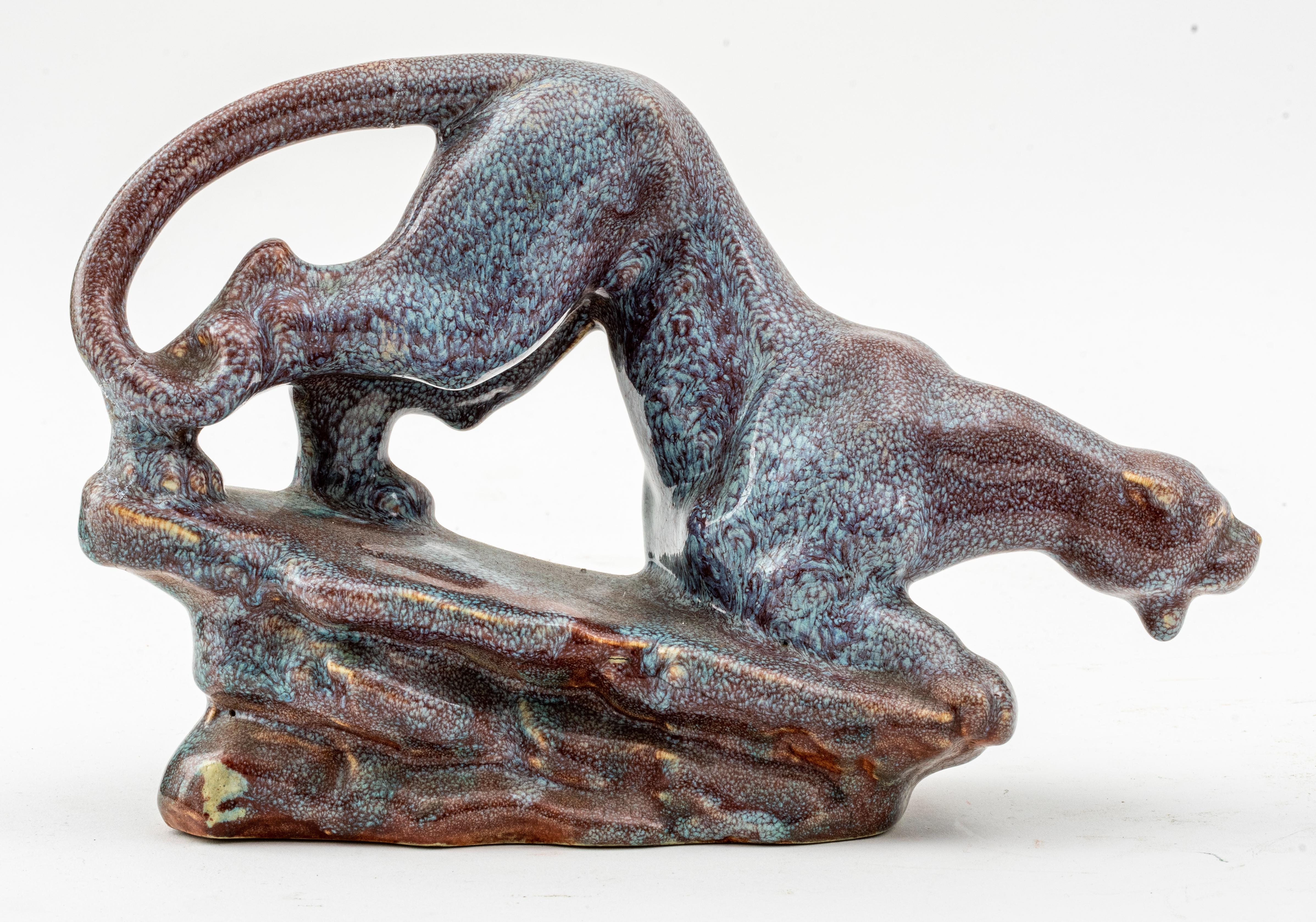 20th Century Crouching Panther Ceramic Pottery Sculpture, Unsigned For Sale