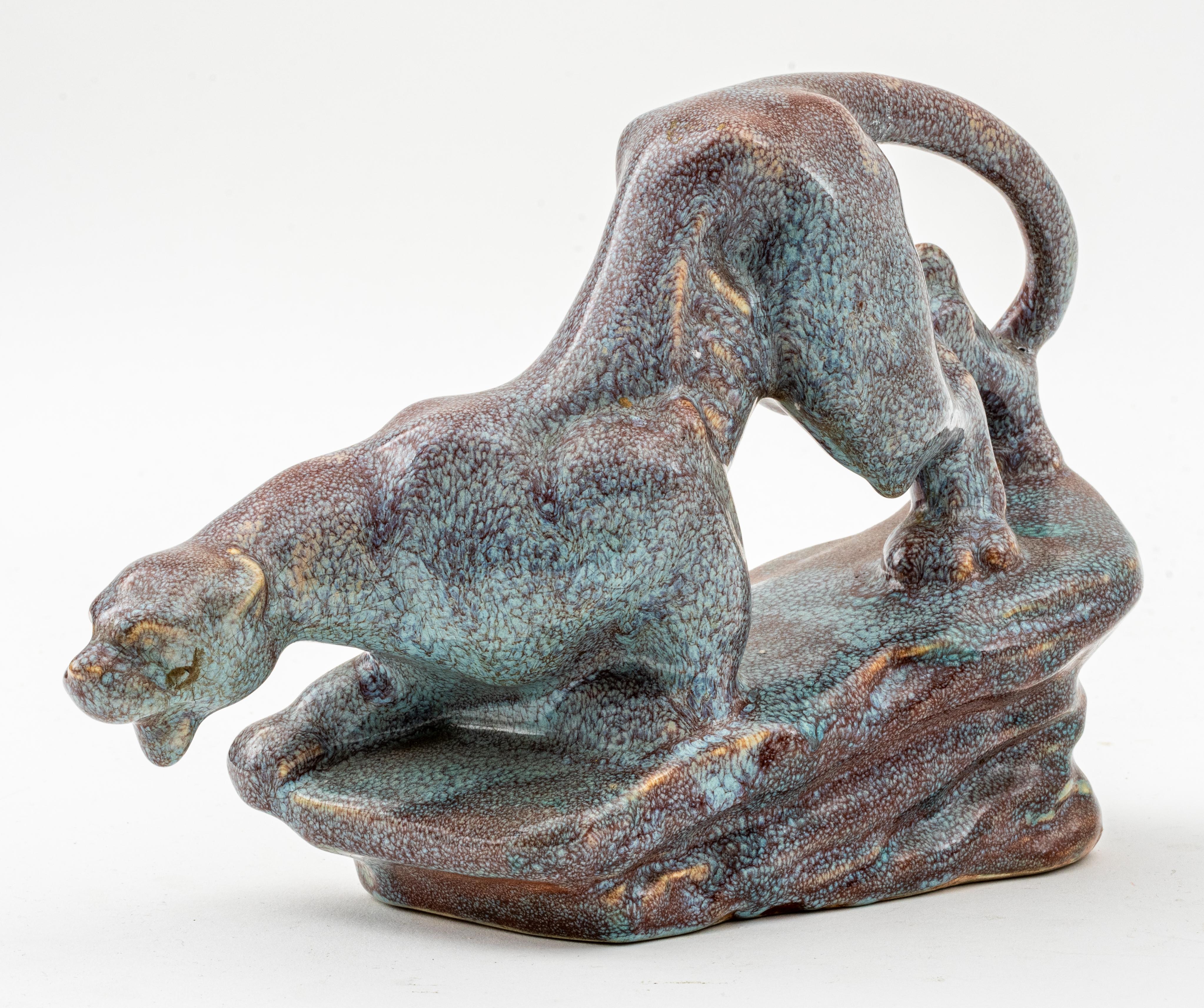 Crouching Panther Ceramic Pottery Sculpture, Unsigned For Sale 3