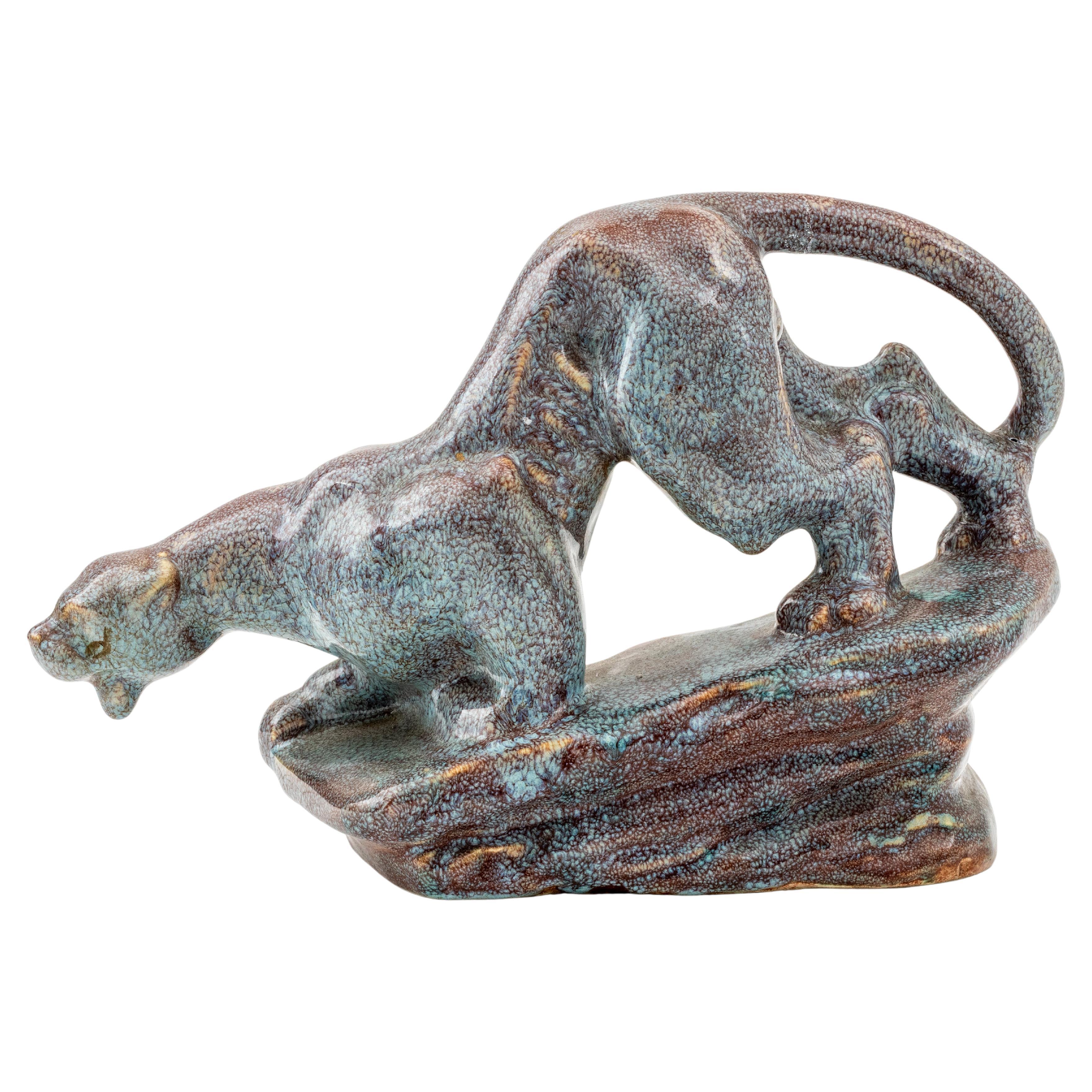 Crouching Panther Ceramic Pottery Sculpture, Unsigned For Sale