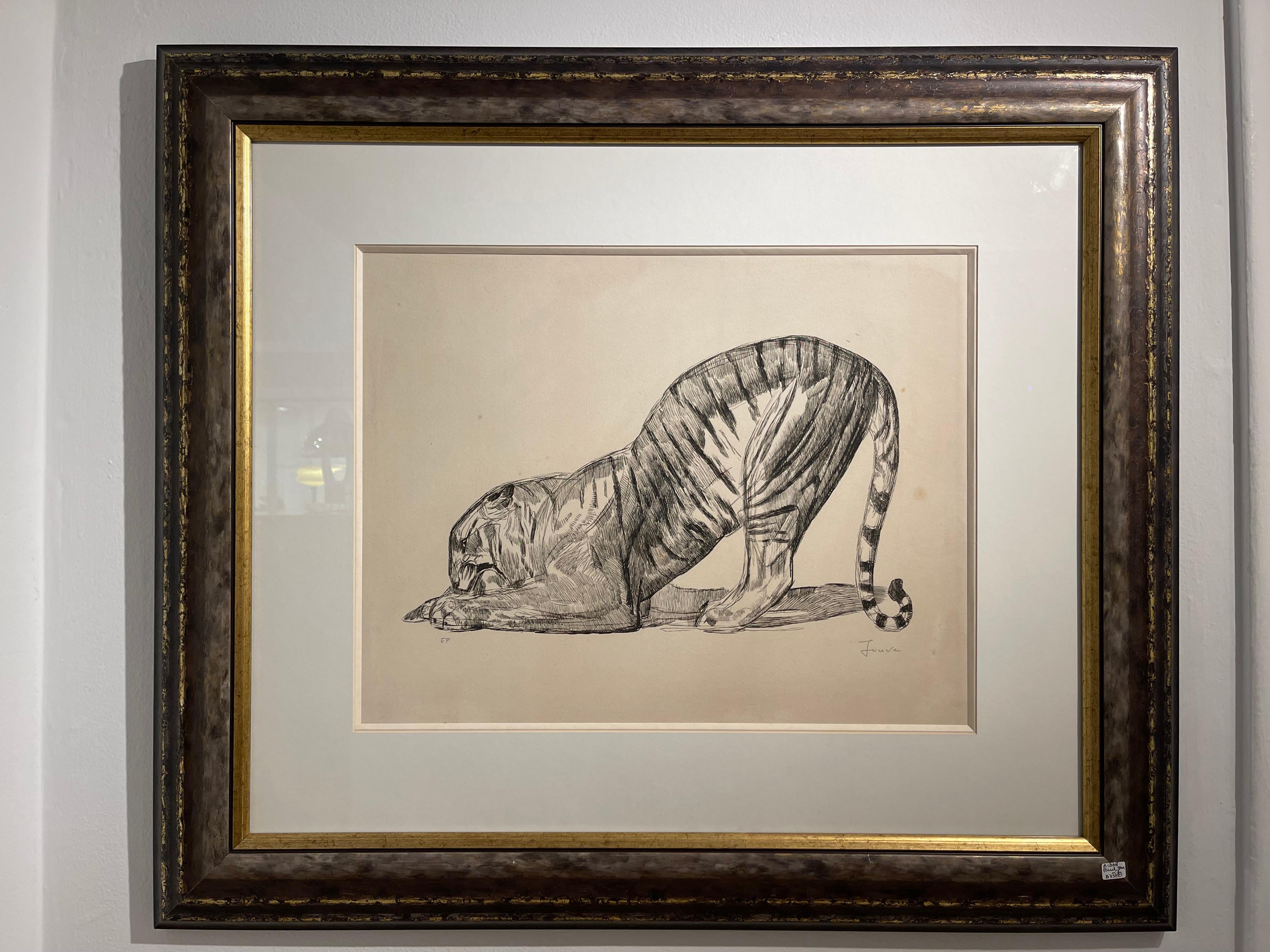 Art Deco Original Etching by Paul Jouve, depicting a Crouching Tiger.
Made in France.
 Circa: 1930.
Signature: Jouve.
 