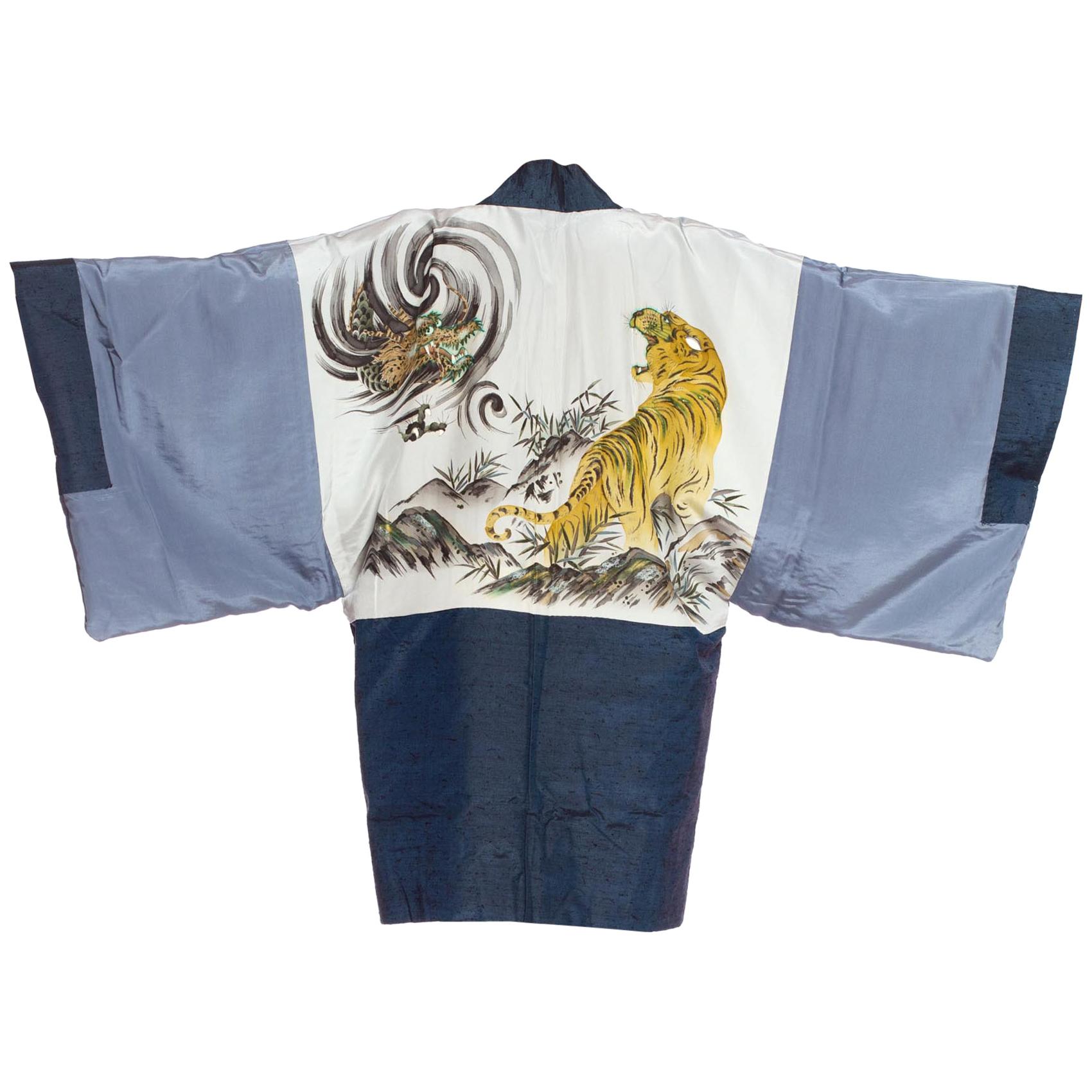 1950'S Crouching Tiger Hidden Dragon Hand Painted Japanese Kimono