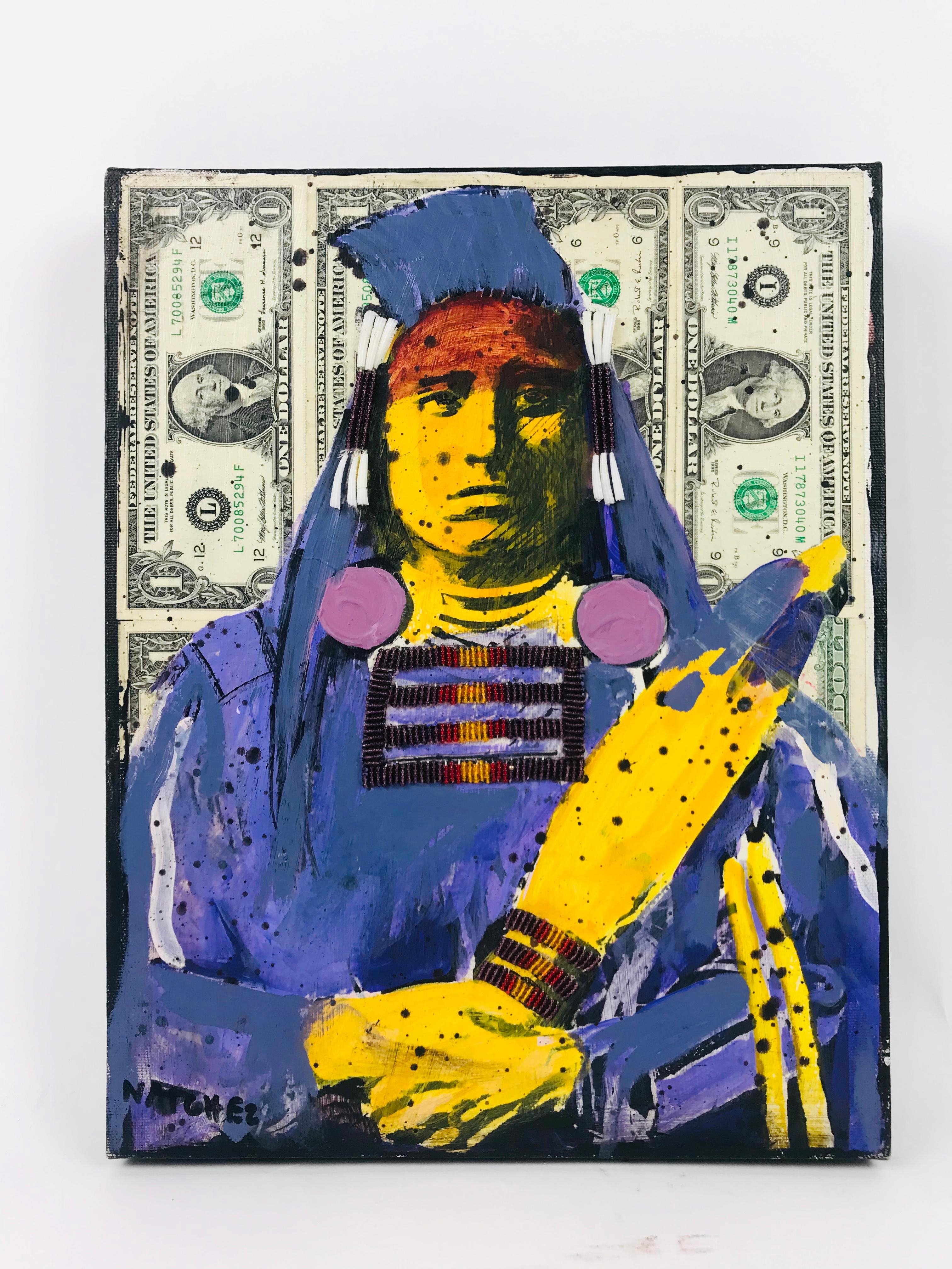 A awe-inspiring oil on canvas by Stan Natchez. An exceptional oil painting featuring genuine US $1 Bills as a basis for the background, bright and popping neon and candy colored oil brush strokes, textured beading and fabric stitching applied for