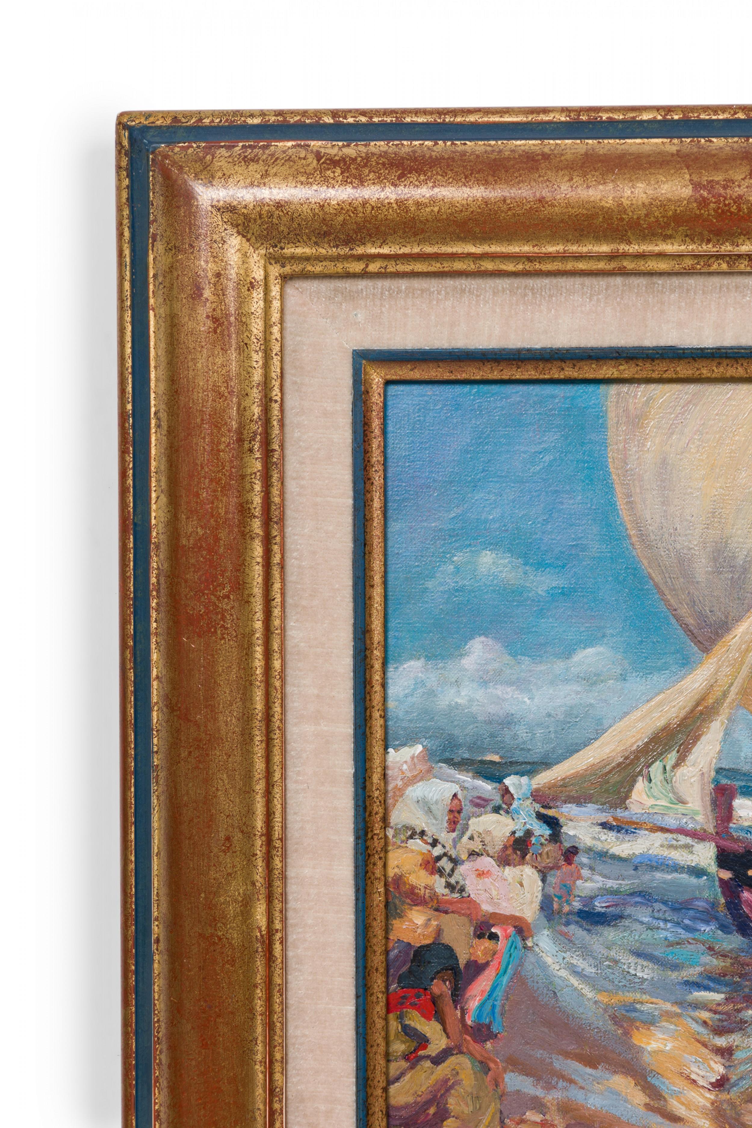 Mid-Century moderno Scena di spiaggia affollata Pittura in vendita