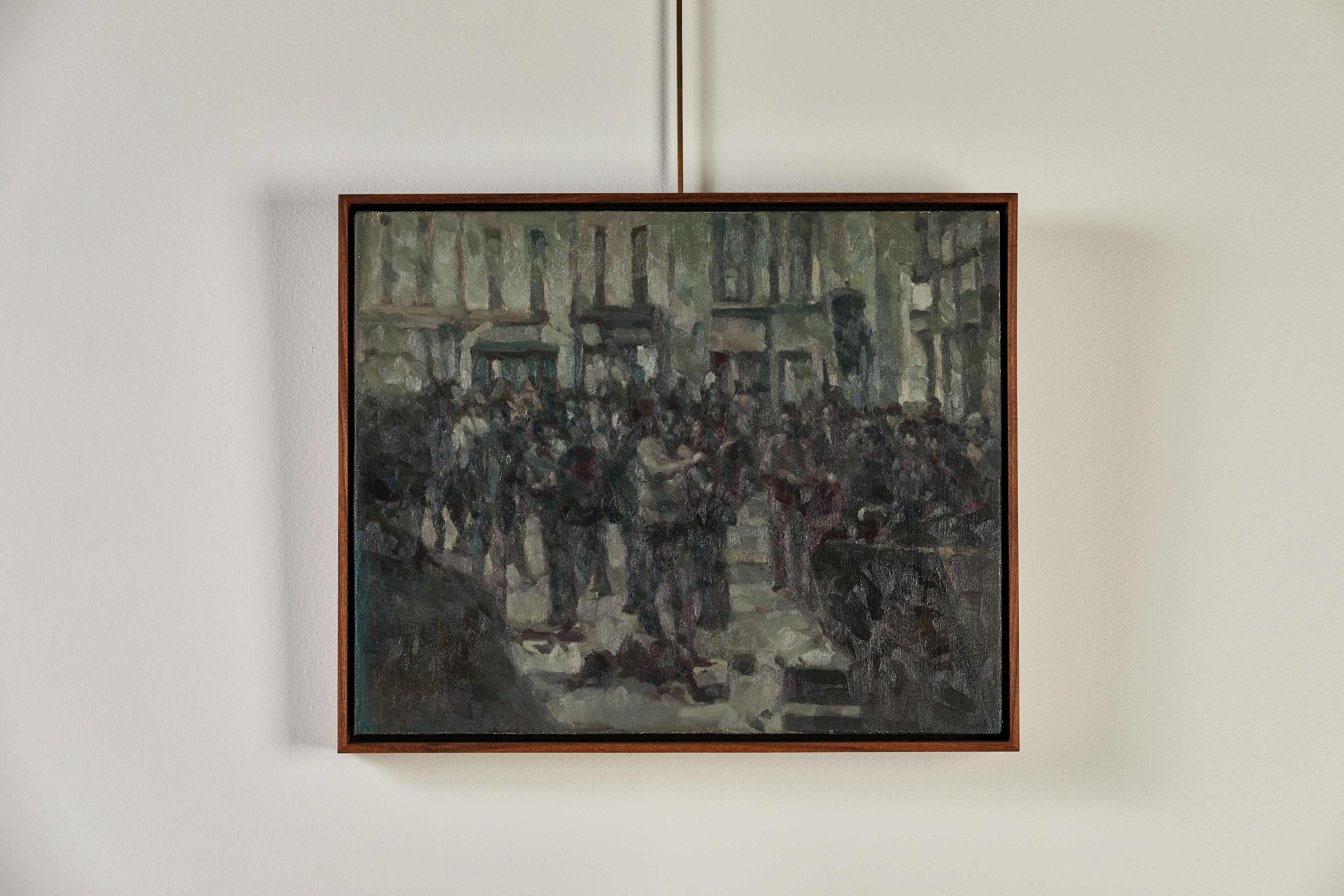 Crowded Russian village oil painting, beautifully painted with moody shades of grey and green. Newly framed in walnut.