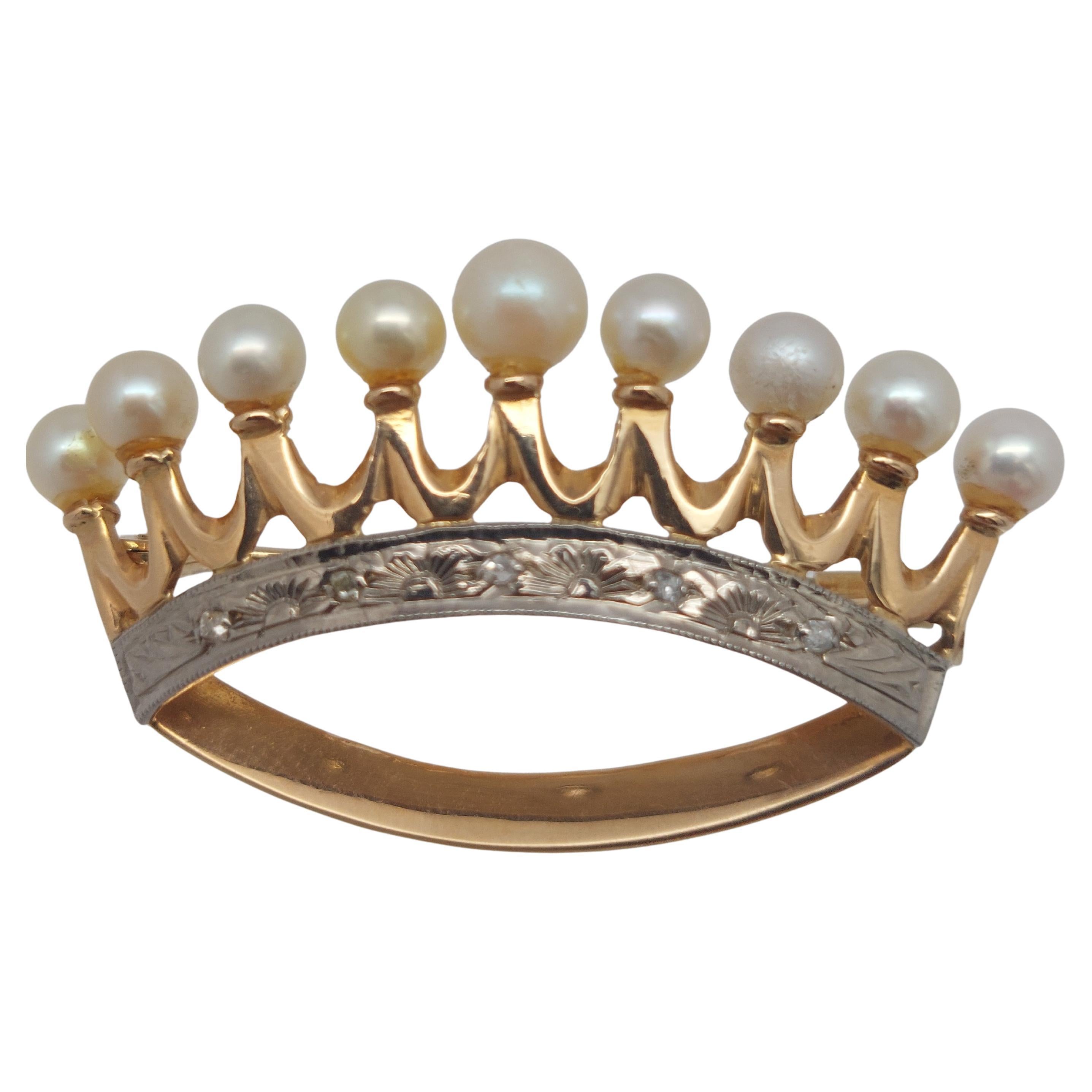 Anstecknadel "Krone" 14 Karat mit Perlen & Diamant im Angebot