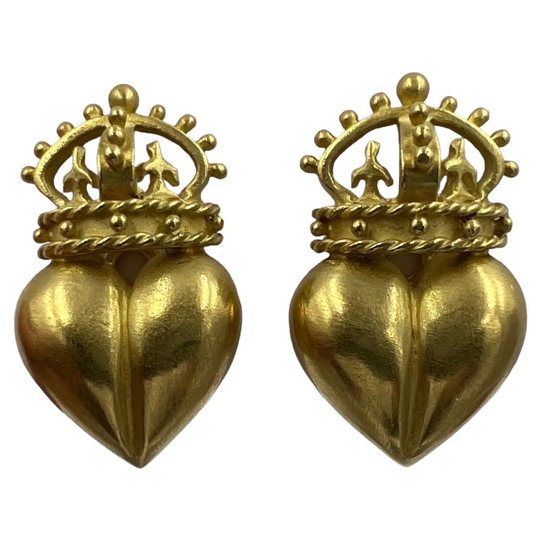 Crown And Heart Clip On Yellow Gold Earrings For Sale
