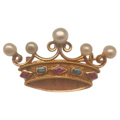Crown Brooch, 18k Gold with Rubies, Sapphires and Pearls