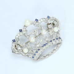 Crown Brooch with Pearls Sapphires and Diamonds in Platinum Setting