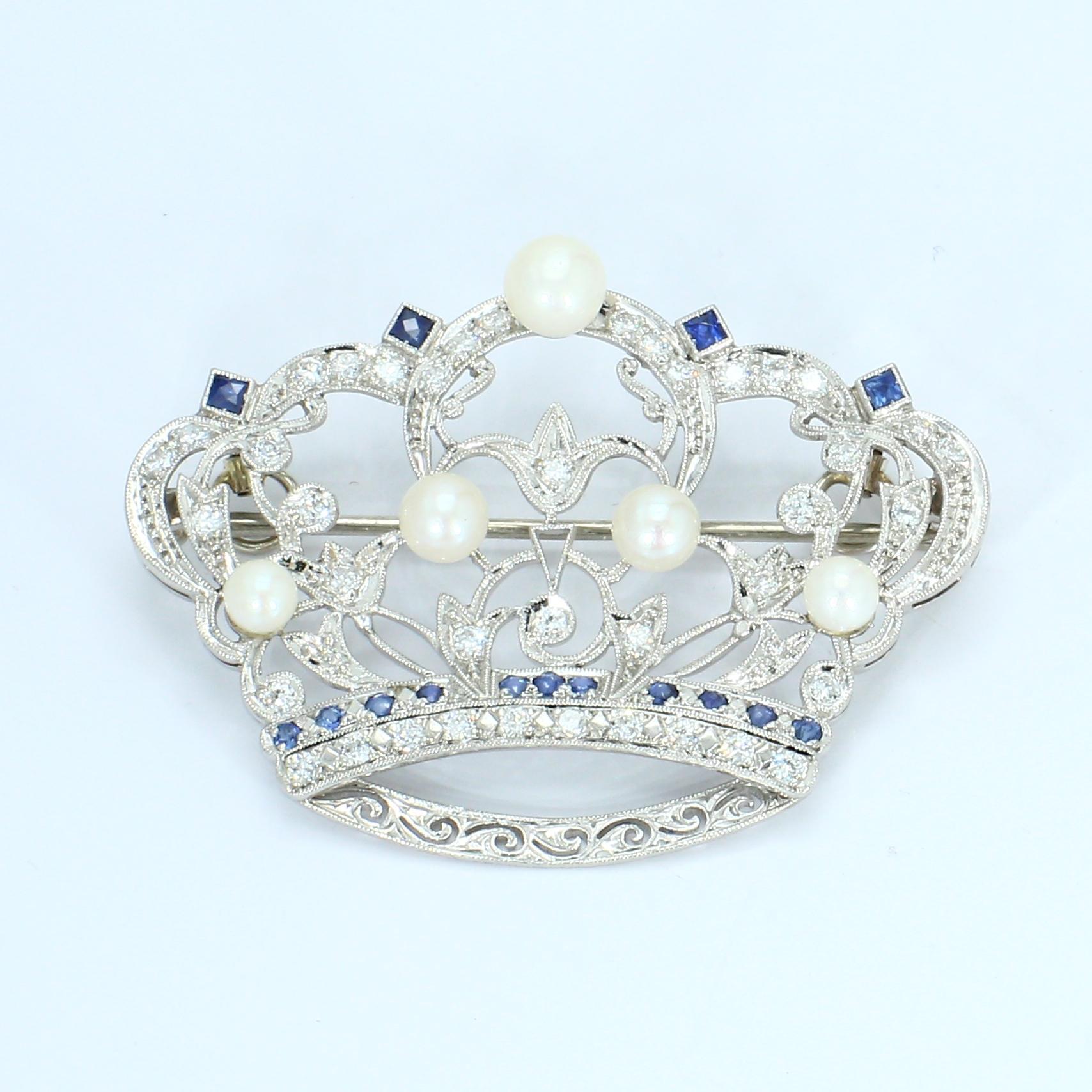 Crown Brooch with Pearls Sapphires and Diamonds in Platinum Setting For Sale