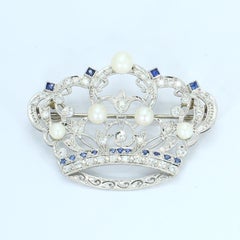 Crown Brooch with Pearls Sapphires and Diamonds in Platinum Setting