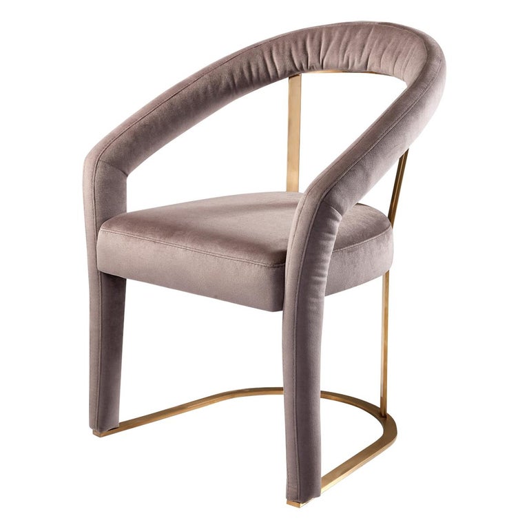 Crown Chair, Curved Dining Chair Upholstered in Velvet or Leather on Metal Legs For Sale