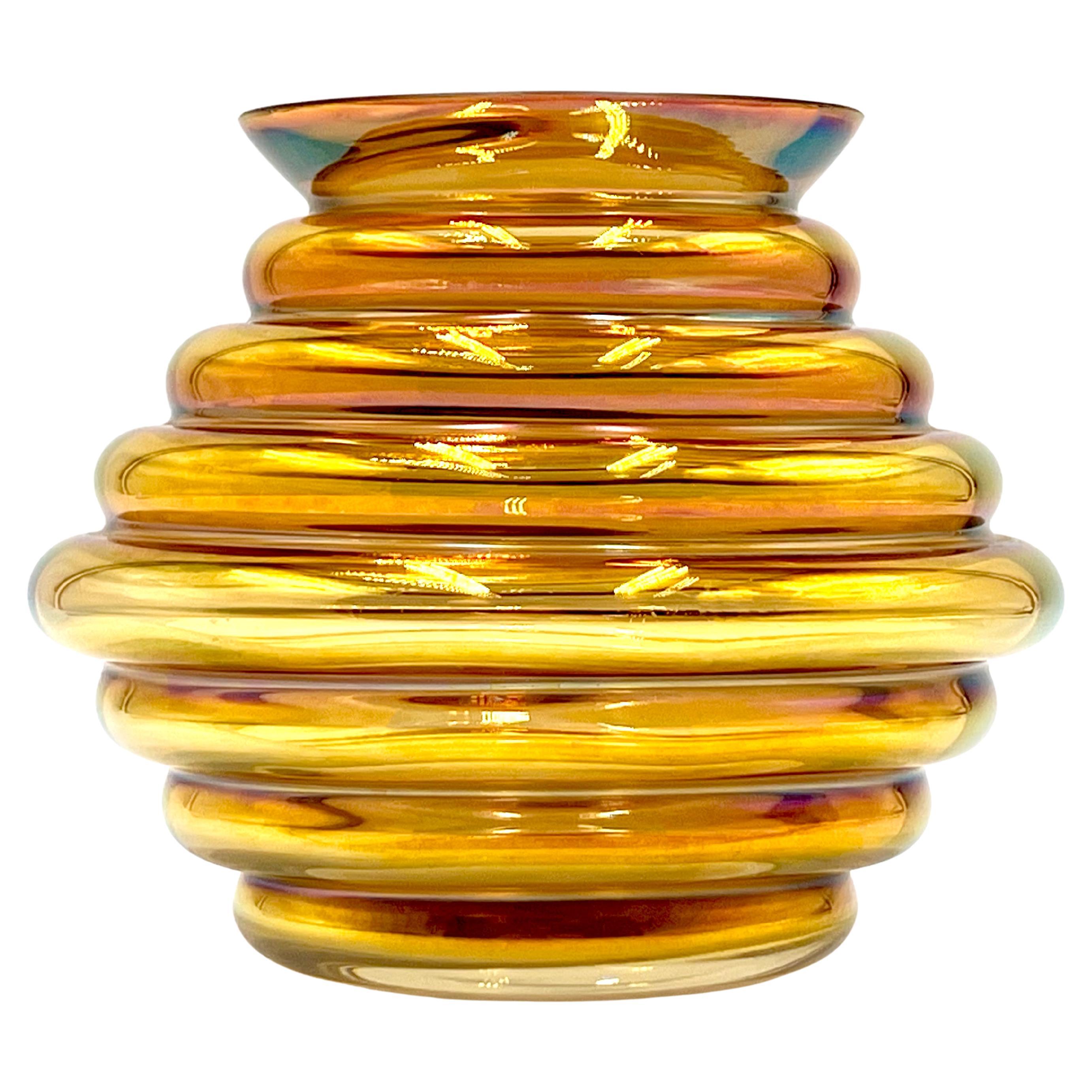 Crown Crystal Glass (Australia) 1930s 'Melon Rib' 5.5" Carnival Glass Vase For Sale