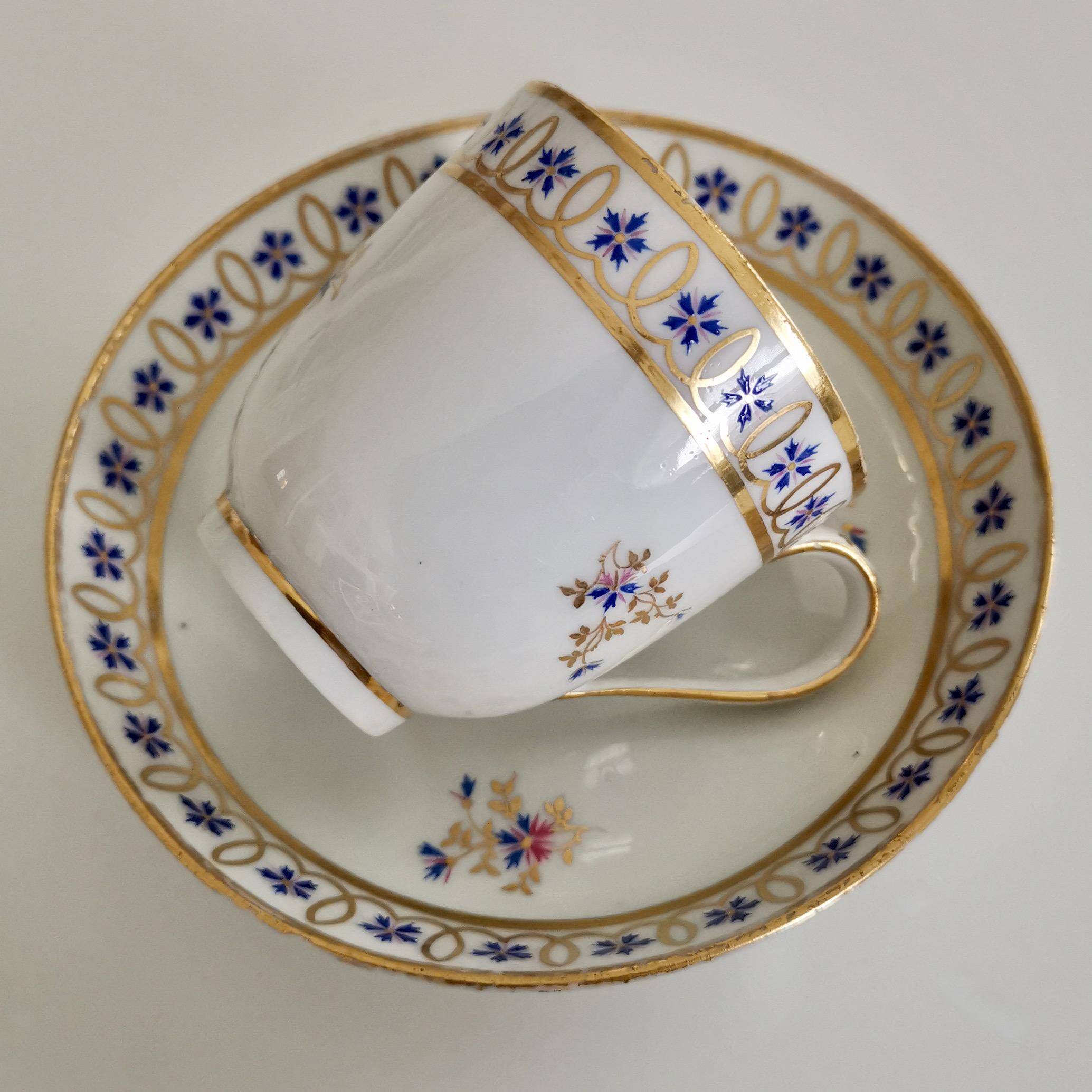 English Crown Derby Porcelain Coffee Cup, White, Gilt with Blue Cornflowers, 1782-1790