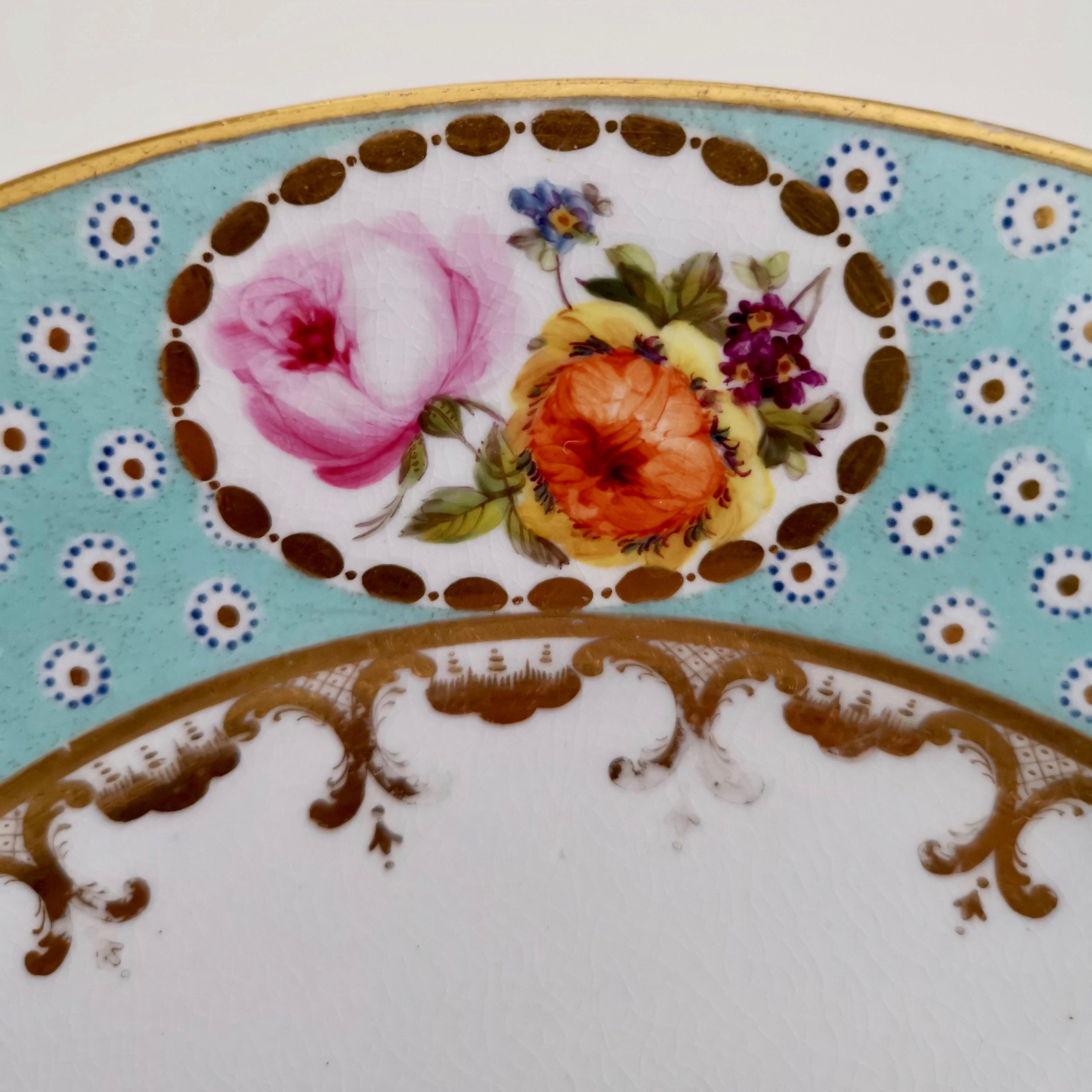 Hand-Painted Crown Derby Porcelain Plate, Baby Blue Oeil De Perdrix, Flowers, Regency, 1810