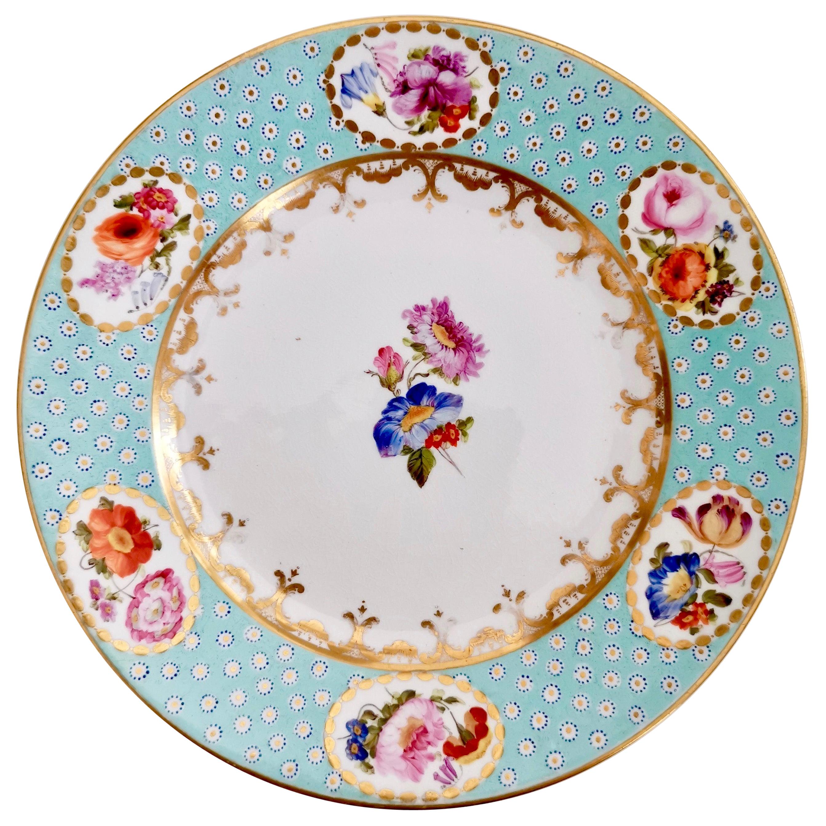 Crown Derby Porcelain Plate, Baby Blue Oeil De Perdrix, Flowers, Regency, 1810