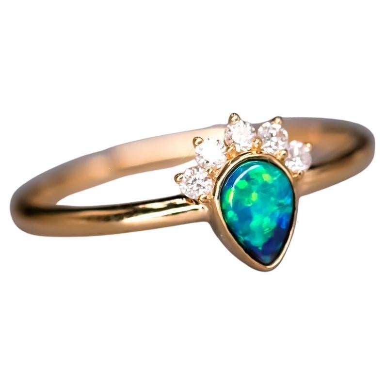 Crown Design Australian Black Opal Diamond Engagement Wedding Ring 18K Yellow Go