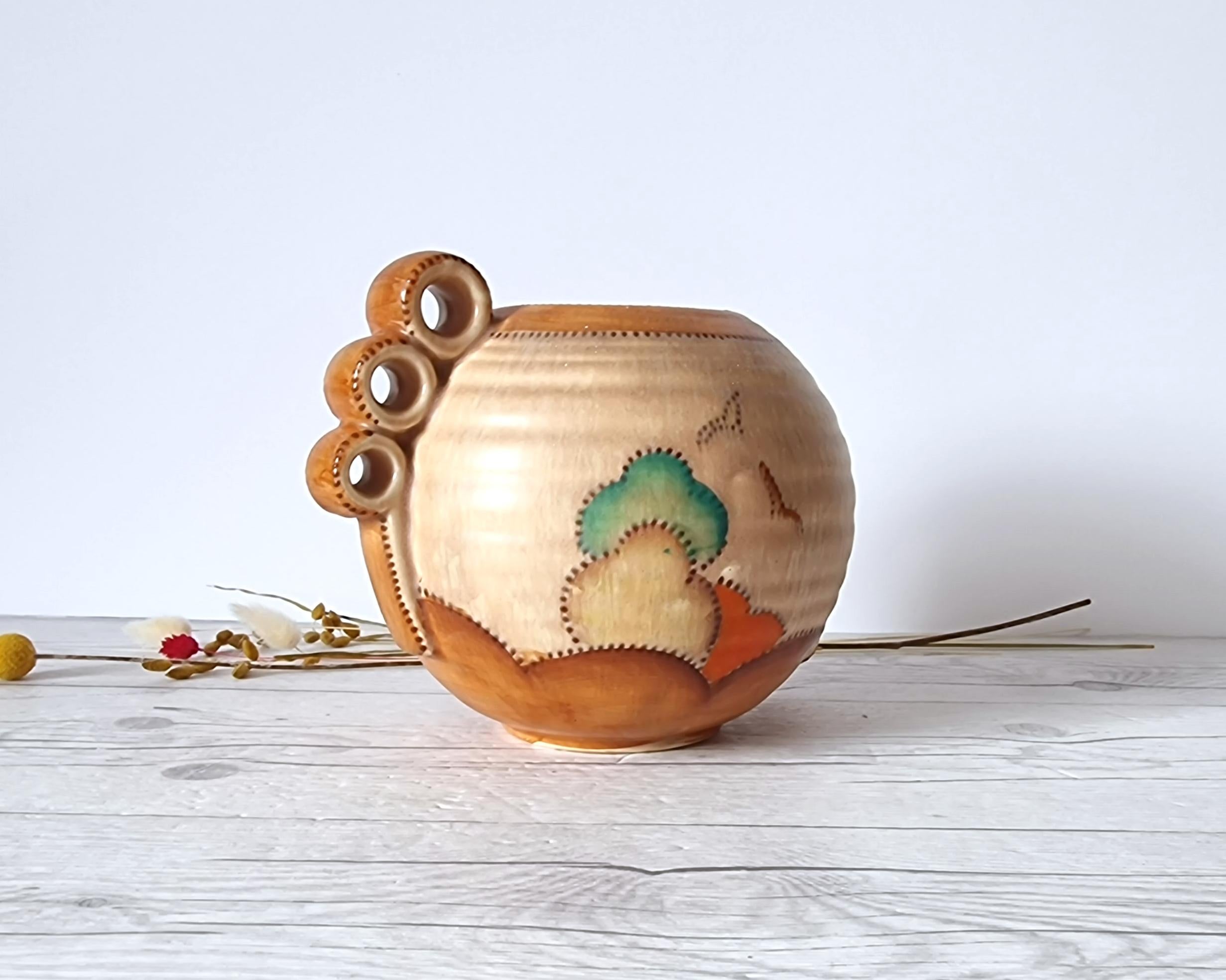 Ceramic Crown Devon, Att. Ditmar Urbach, Art Deco Stylised Stitch Tree Décor Globe Vase