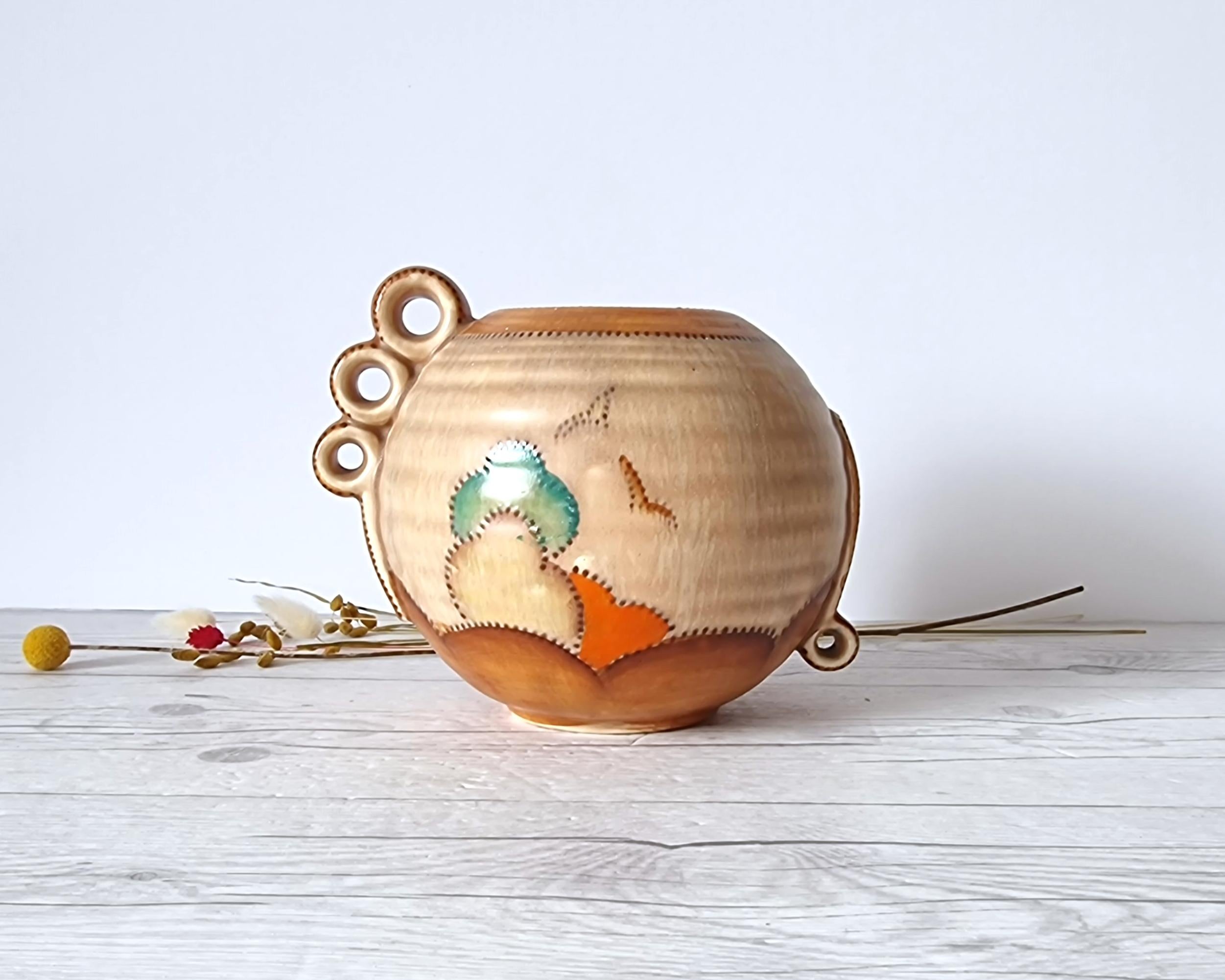 Crown Devon, Att. Ditmar Urbach, Art Deco Stylised Stitch Tree Décor Globe Vase 1