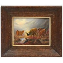 Antique Crown Devon Fielding Porcelain Plaque, Highland Cattle