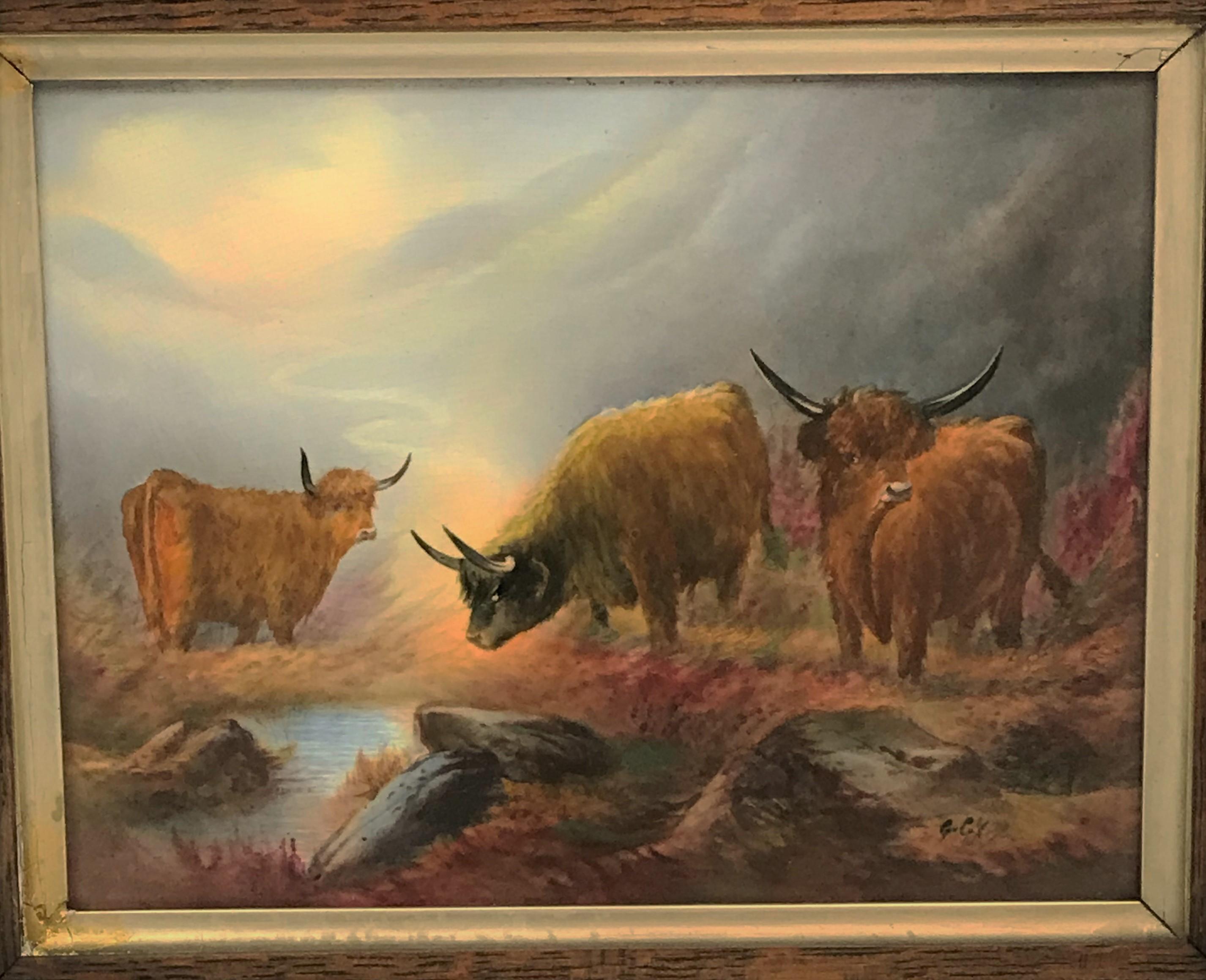 Framed porcelain plaque. Crown Ducal Fielding, England. Highland cattle scene. Lovely colors similar to Stinton painted Worcester.

Oak frame with gilded detail. Frame size 15