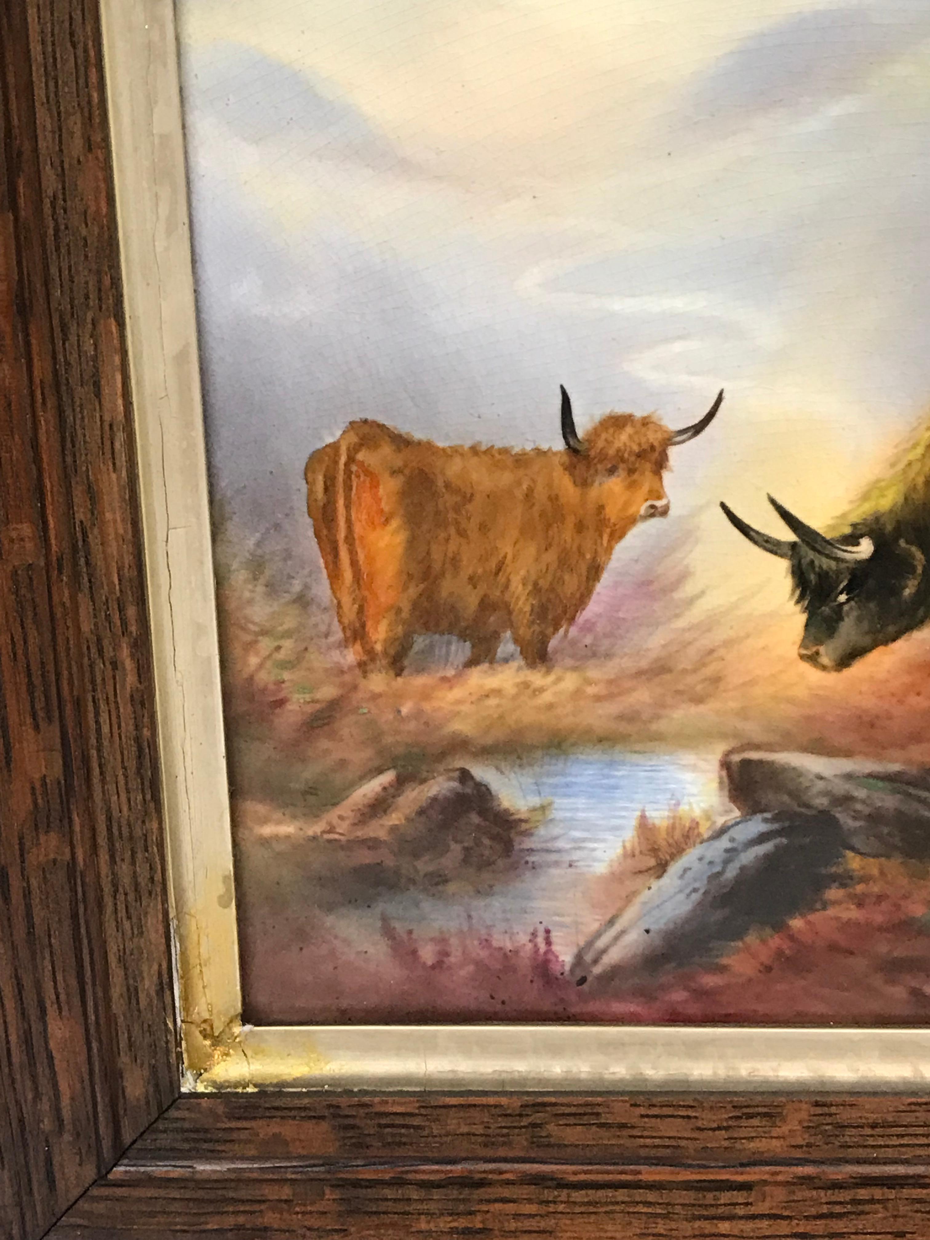 Crown Devon Fielding Porcelain Plaque, Highland Cattle In Good Condition For Sale In Seattle, WA