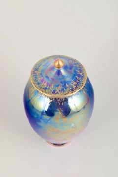 Crown Devon Fieldings. Porcelain lidded jar with iridescent blue-purple glaze.