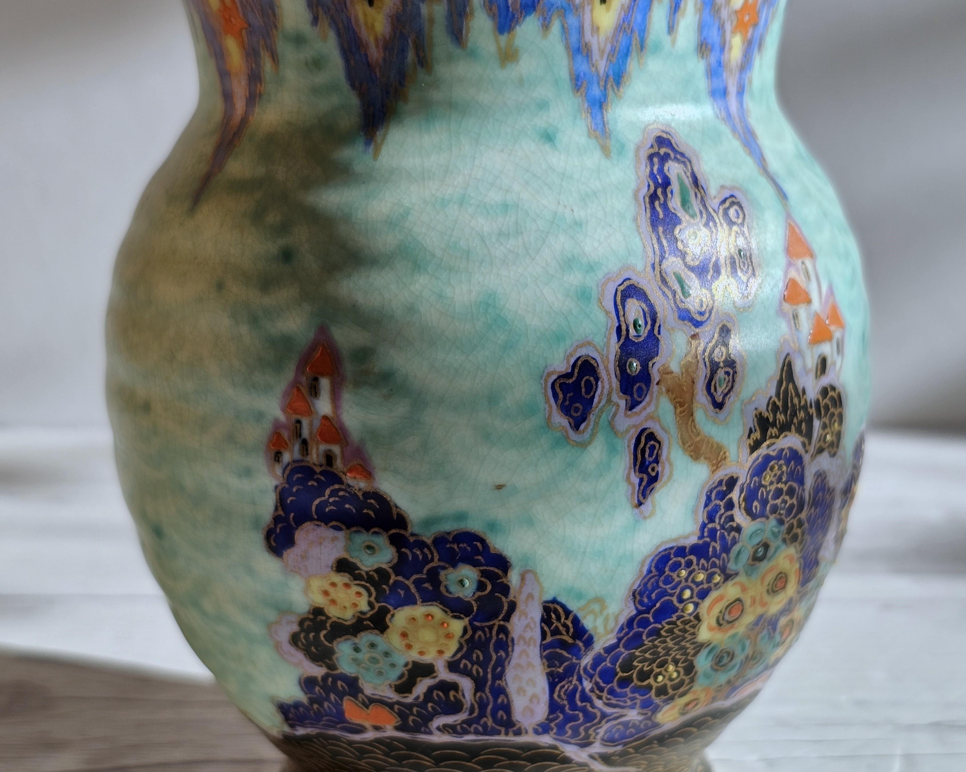Vernissé Vase Art déco Crown Devon, série Mattajade Fairyland d'Enoch Boulton, années 1930 en vente