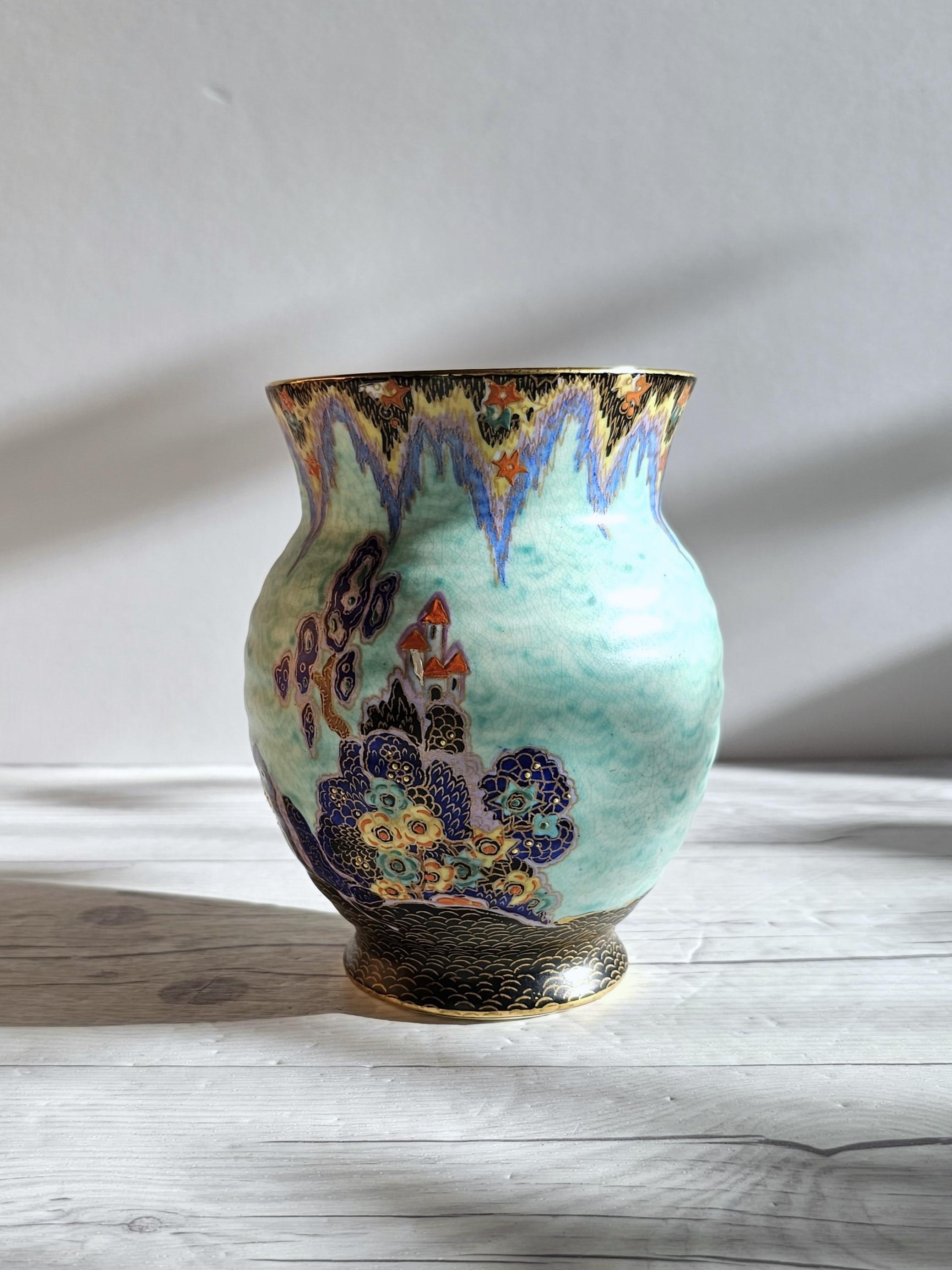 Crown Devon, Mattajade Fairyland series by Enoch Boulton, Art Deco Vase, 1930s In Good Condition For Sale In Frome, GB