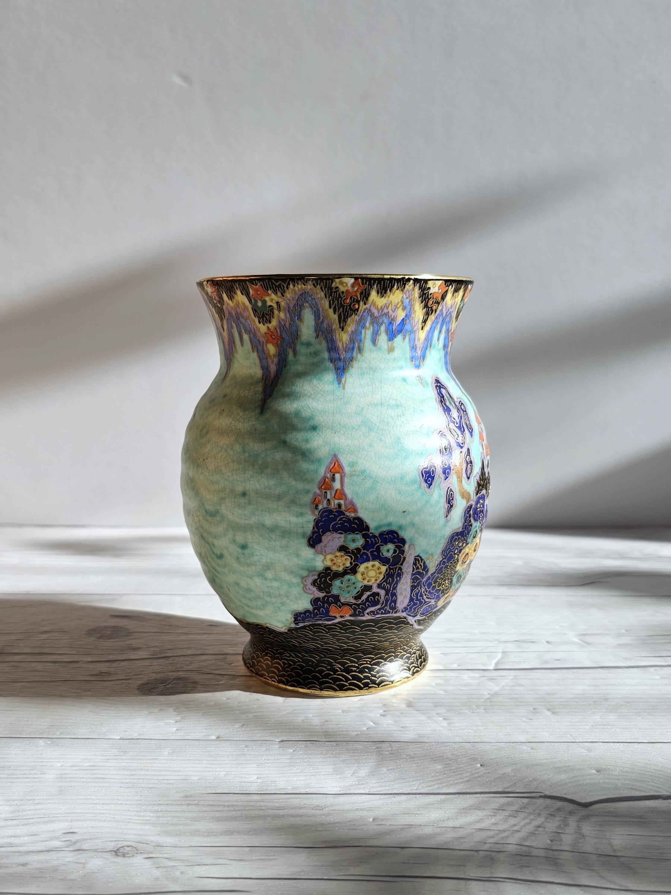 Ceramic Crown Devon, Mattajade Fairyland series by Enoch Boulton, Art Deco Vase, 1930s For Sale