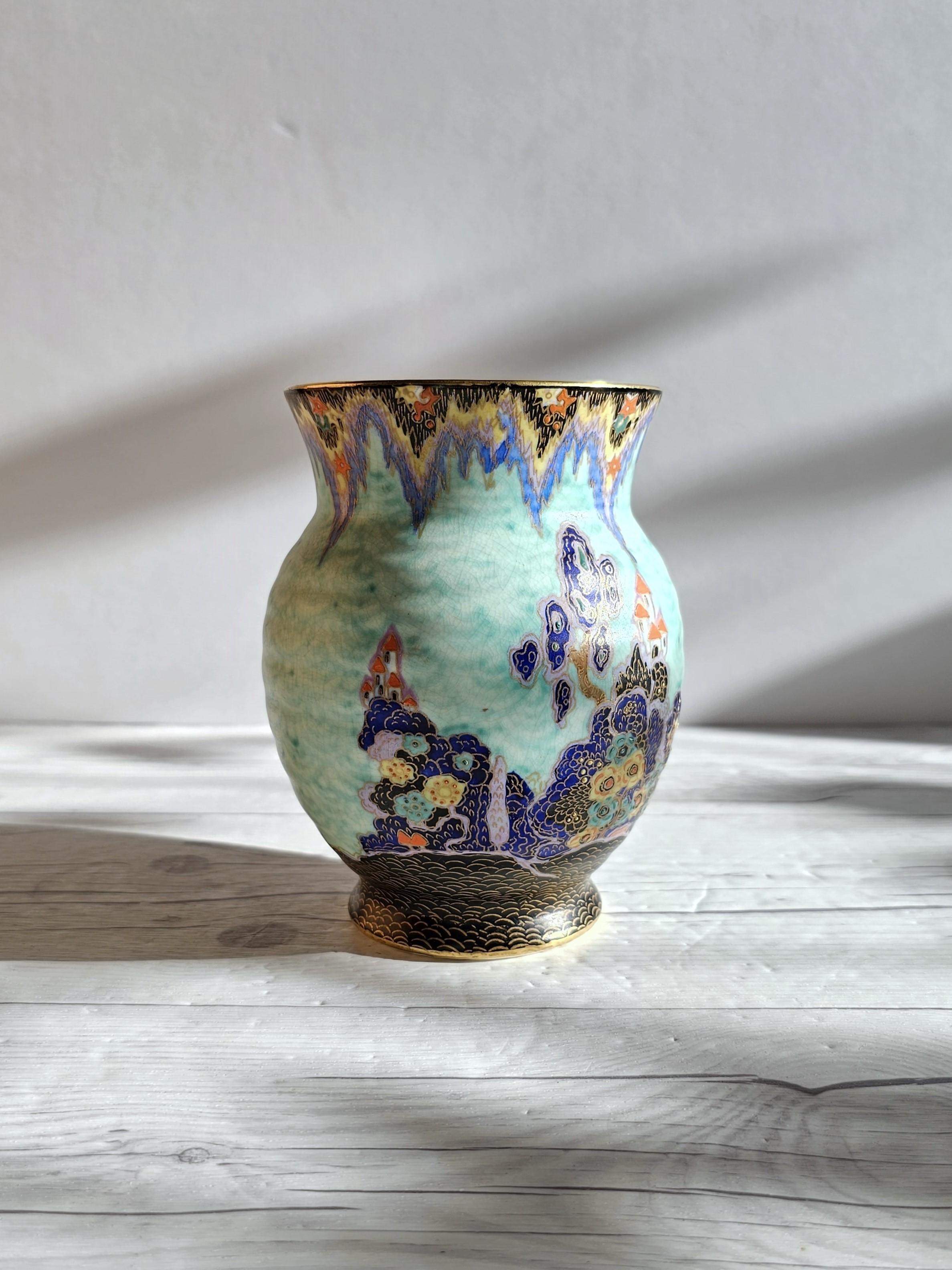Vase Art déco Crown Devon, série Mattajade Fairyland d'Enoch Boulton, années 1930 en vente 1
