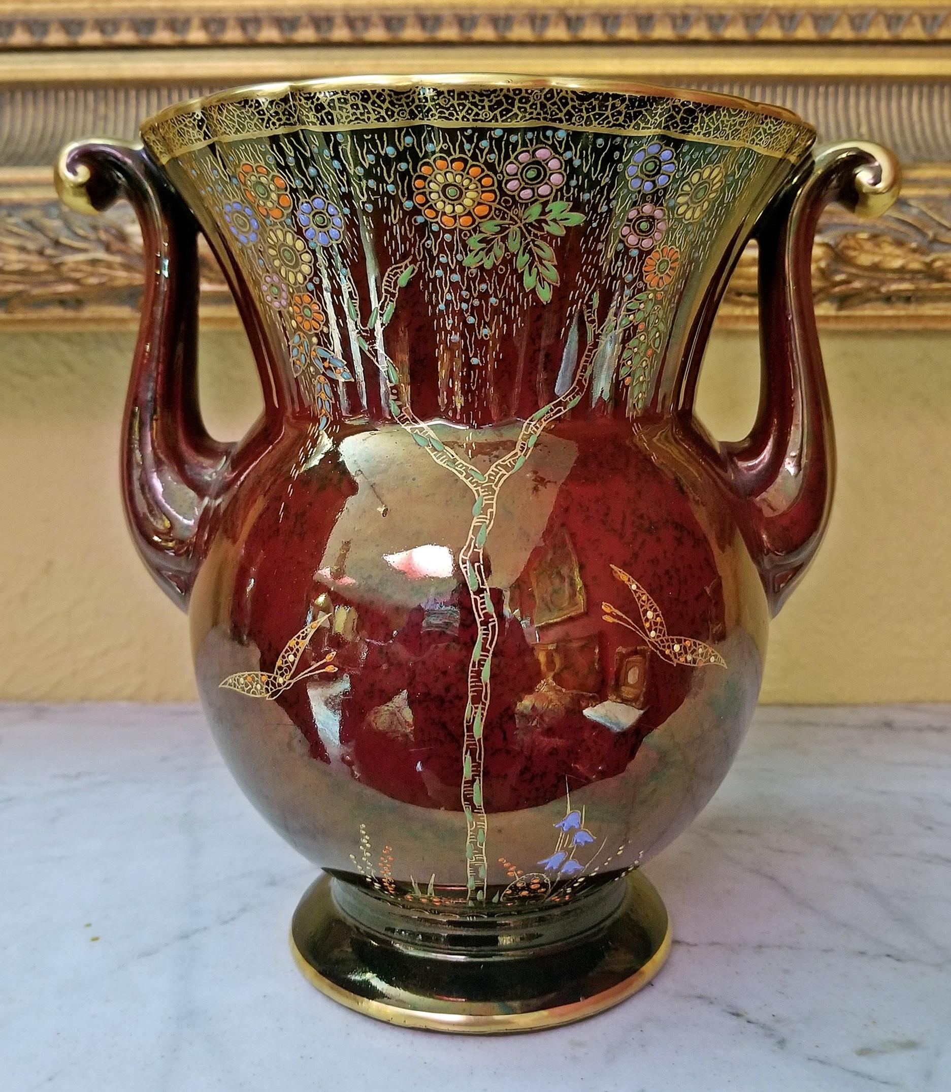 Art Deco Crown Devon Rouge Lustre Double Handled Vase