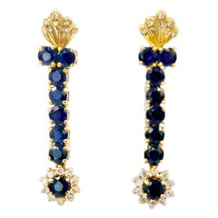 Crown Diamond Clustered Deep Blue Sapphire Dangling Earrings in 18k Yellow Gold