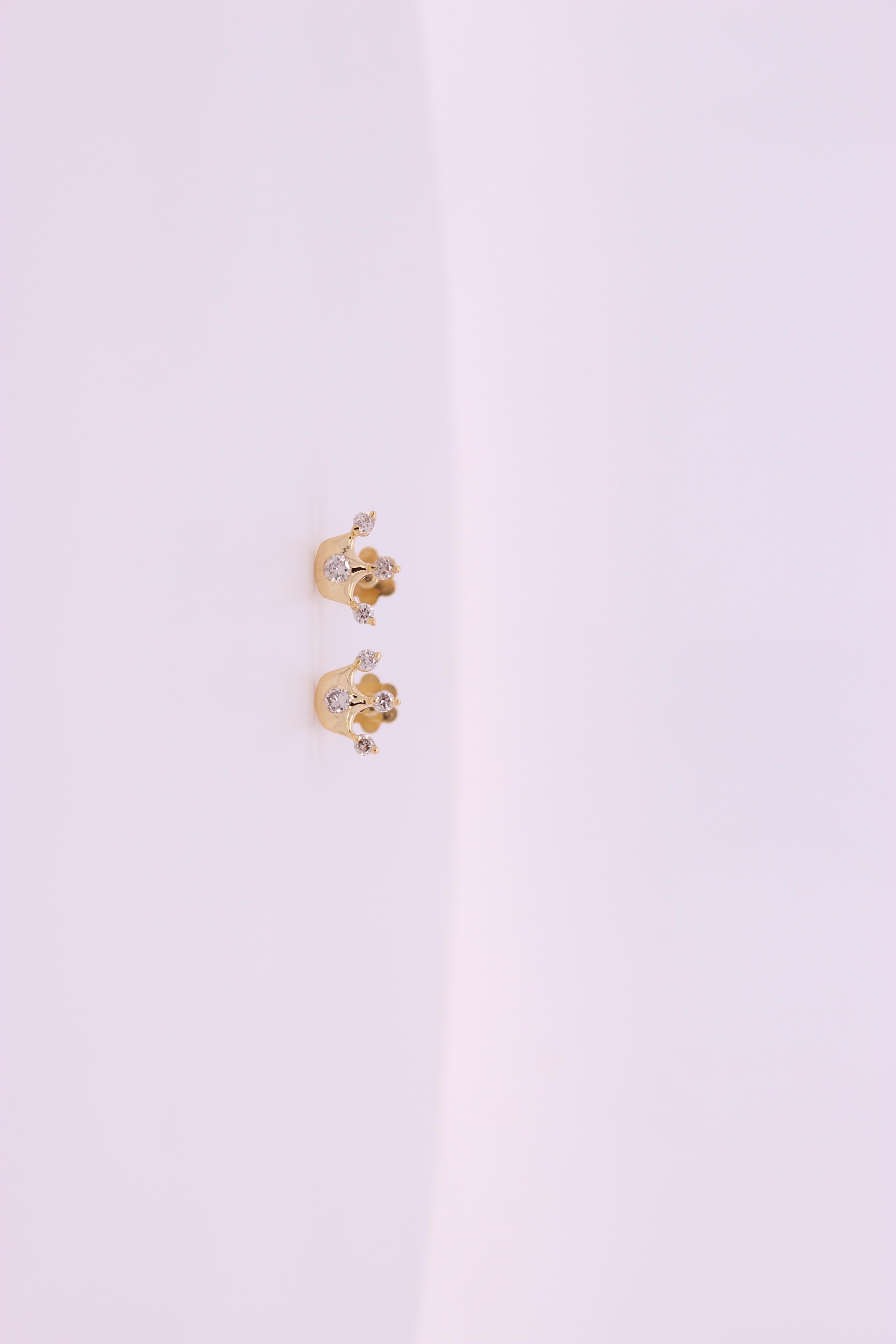 Regal Crown Diamond Earrings for Girls (Kids/Toddlers) in exquisite 18K Solid Gold. These enchanting earrings are adorned with delicate diamonds, adding a touch of royal elegance to your little one's look, all while ensuring safety and comfort with