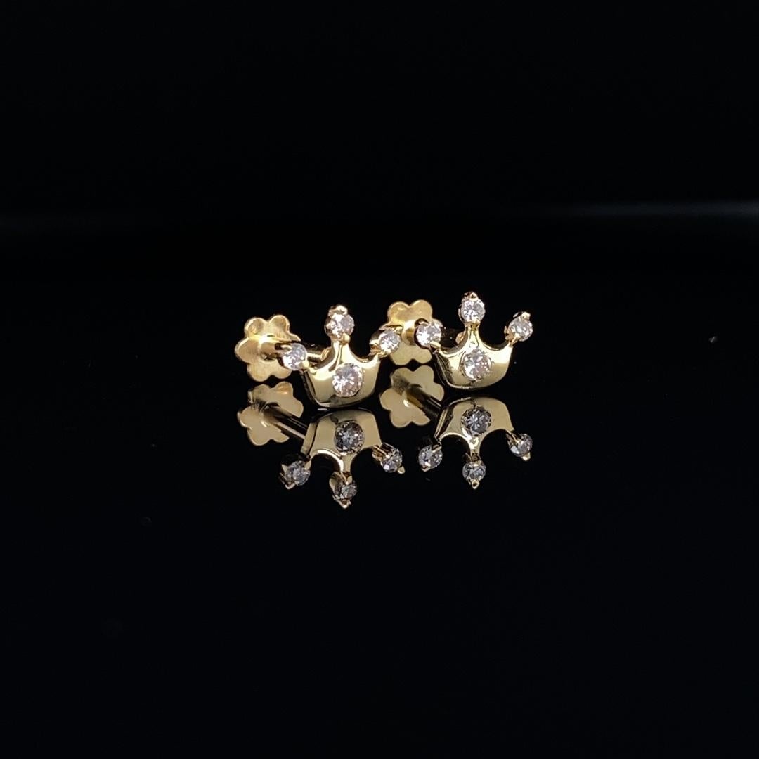 Art Deco Crown Diamond Earrings for Girls (Kids/Toddlers) in 18K Solid Gold For Sale