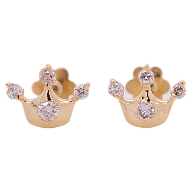Crown Diamond Earrings for Girls (Kids/Toddlers) in 18K Solid Gold For Sale