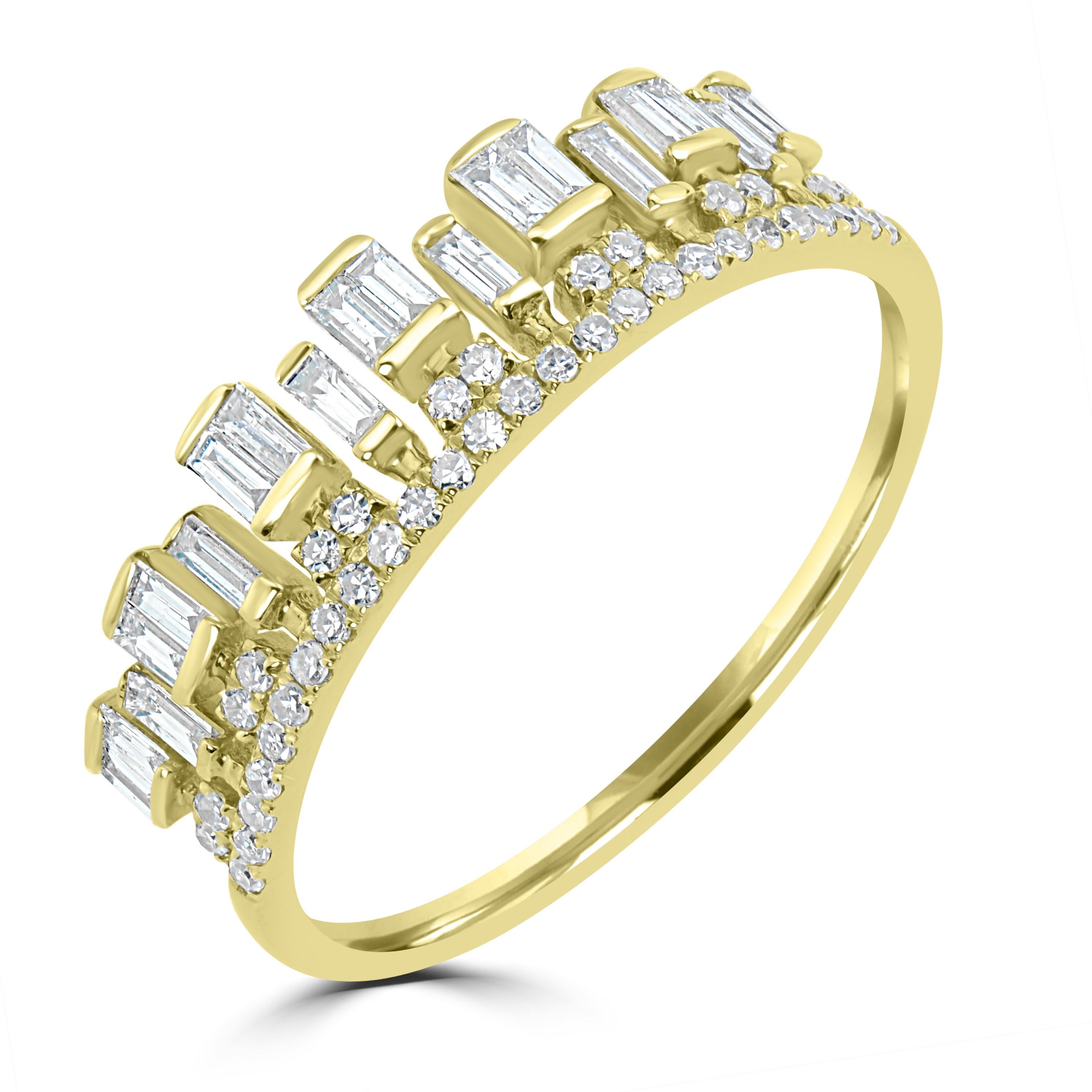 This Luxle beautiful and bold ring contains artfully embellished baguettes glimmering from a row of pave set round diamonds bestow an upscale look in 14K yellow gold. The diamonds are SI1 in clarity and GH in color, weighing 0.38 Cts.
Please follow