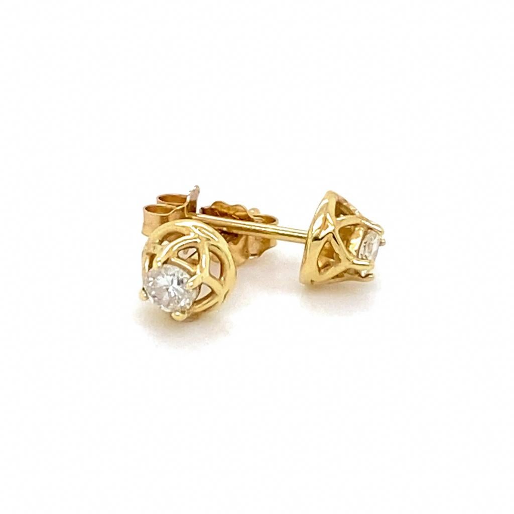 Round Cut Crown Diamond Solitaire Studs 0.25 Carats 14K Gold Wirework Woven Basket Design For Sale