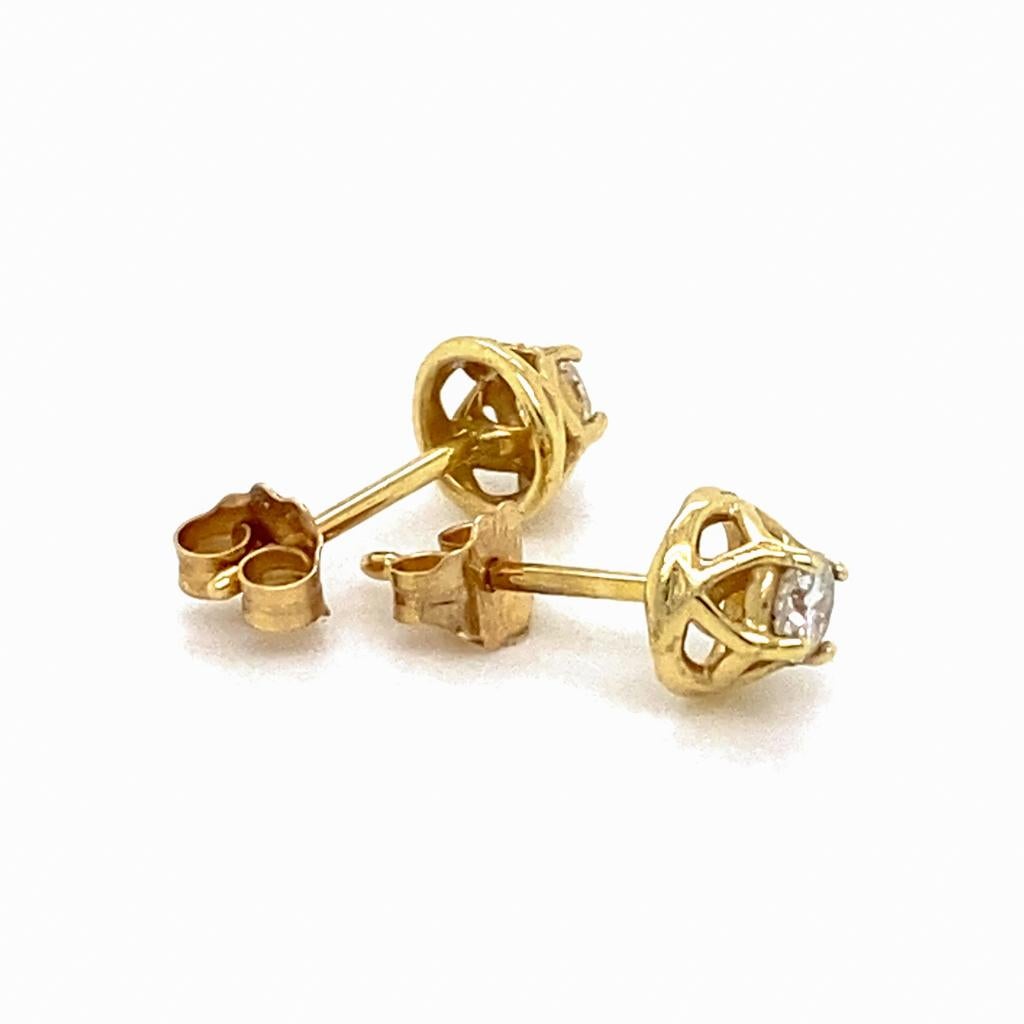 Crown Diamond Solitaire Studs 0.25 Carats 14K Gold Wirework Woven Basket Design For Sale 1