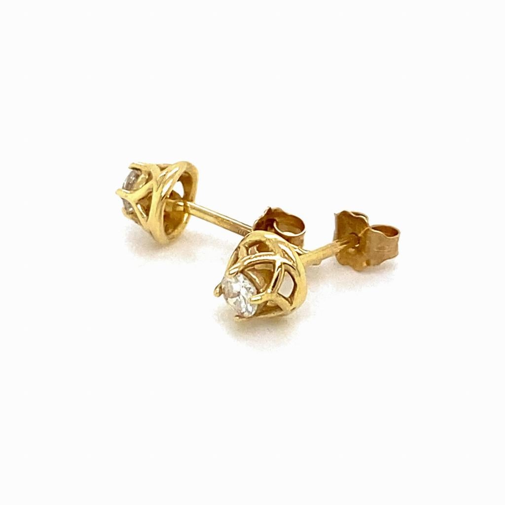 Crown Diamond Solitaire Studs 0.25 Carats 14K Gold Wirework Woven Basket Design For Sale 2