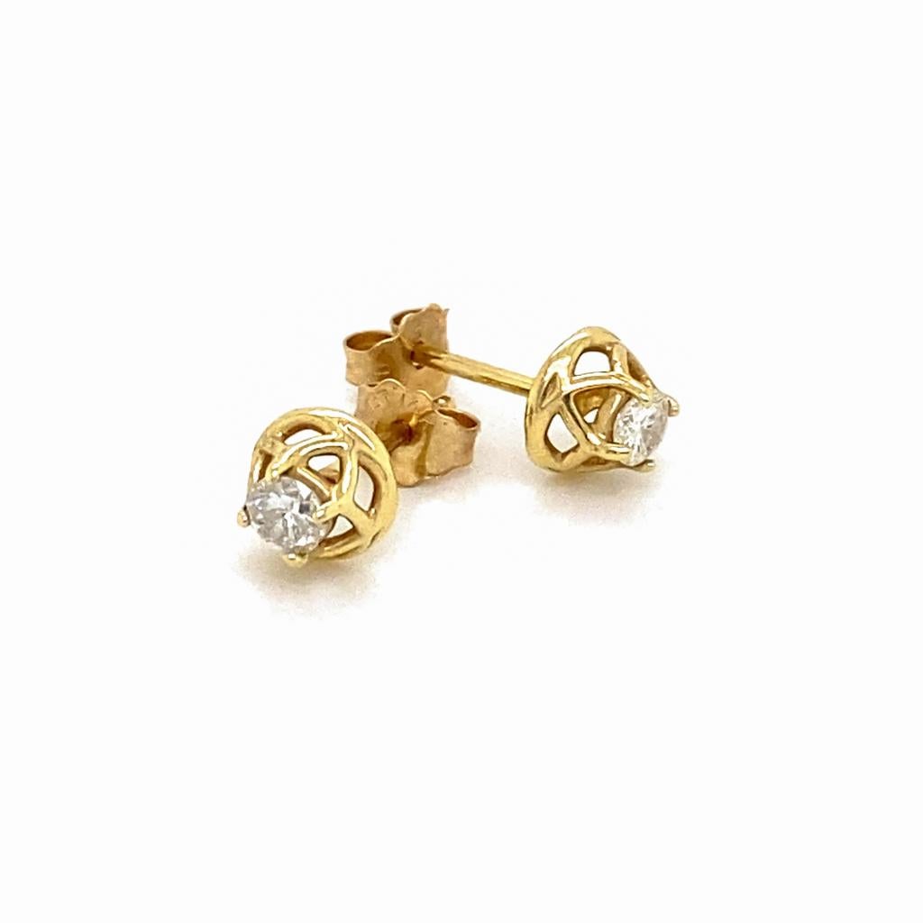 Crown Diamond Solitaire Studs 0.25 Carats 14K Gold Wirework Woven Basket Design For Sale 3