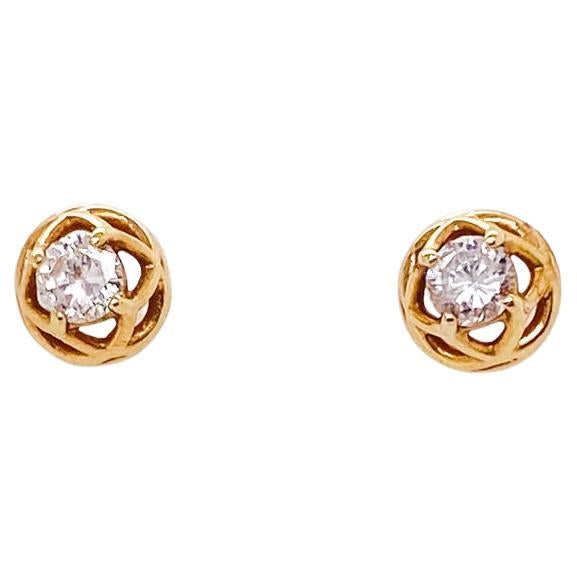 Crown Diamond Solitaire Studs 0.25 Carats 14K Gold Wirework Woven Basket Design For Sale