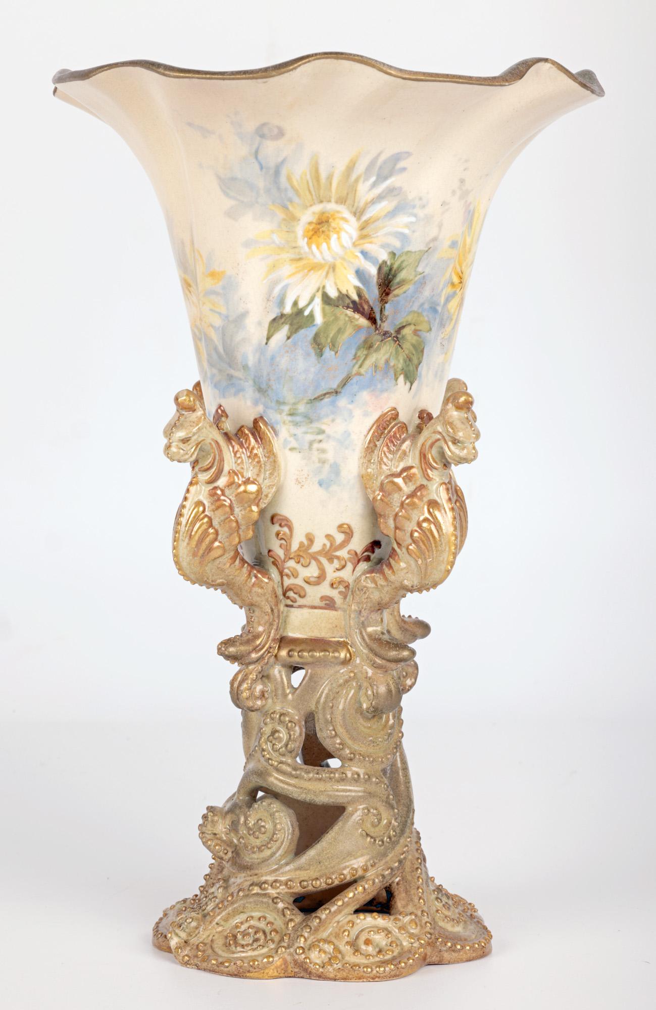Crown Doulton Lambeth Floral Painted Trumpet Vase With Griffins For Sale 2
